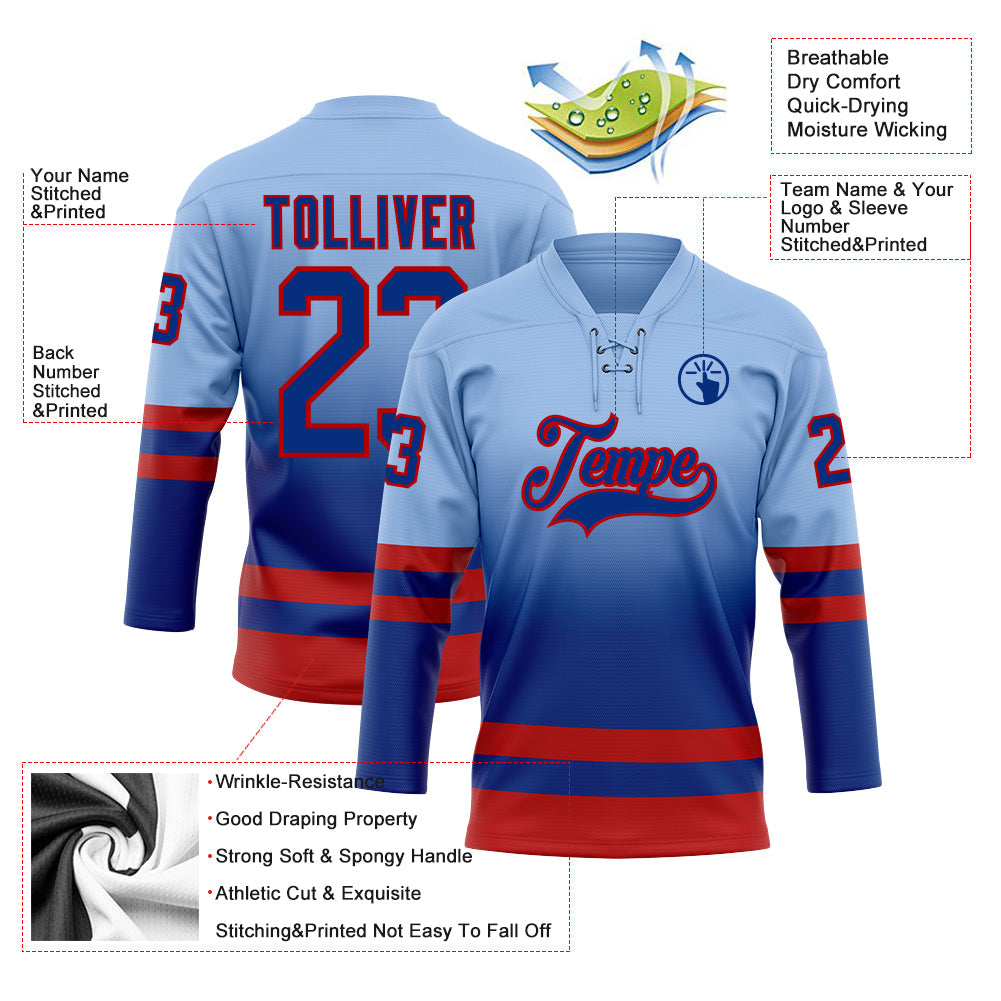 Custom Light Blue Royal-Red Fade Fashion Hockey Lace Neck Jersey view 5