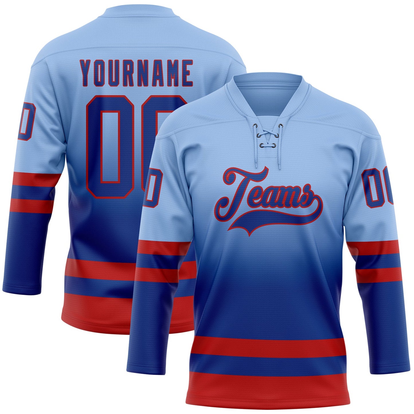 Custom Light Blue Royal-Red Fade Fashion Hockey Lace Neck Jersey - Main View