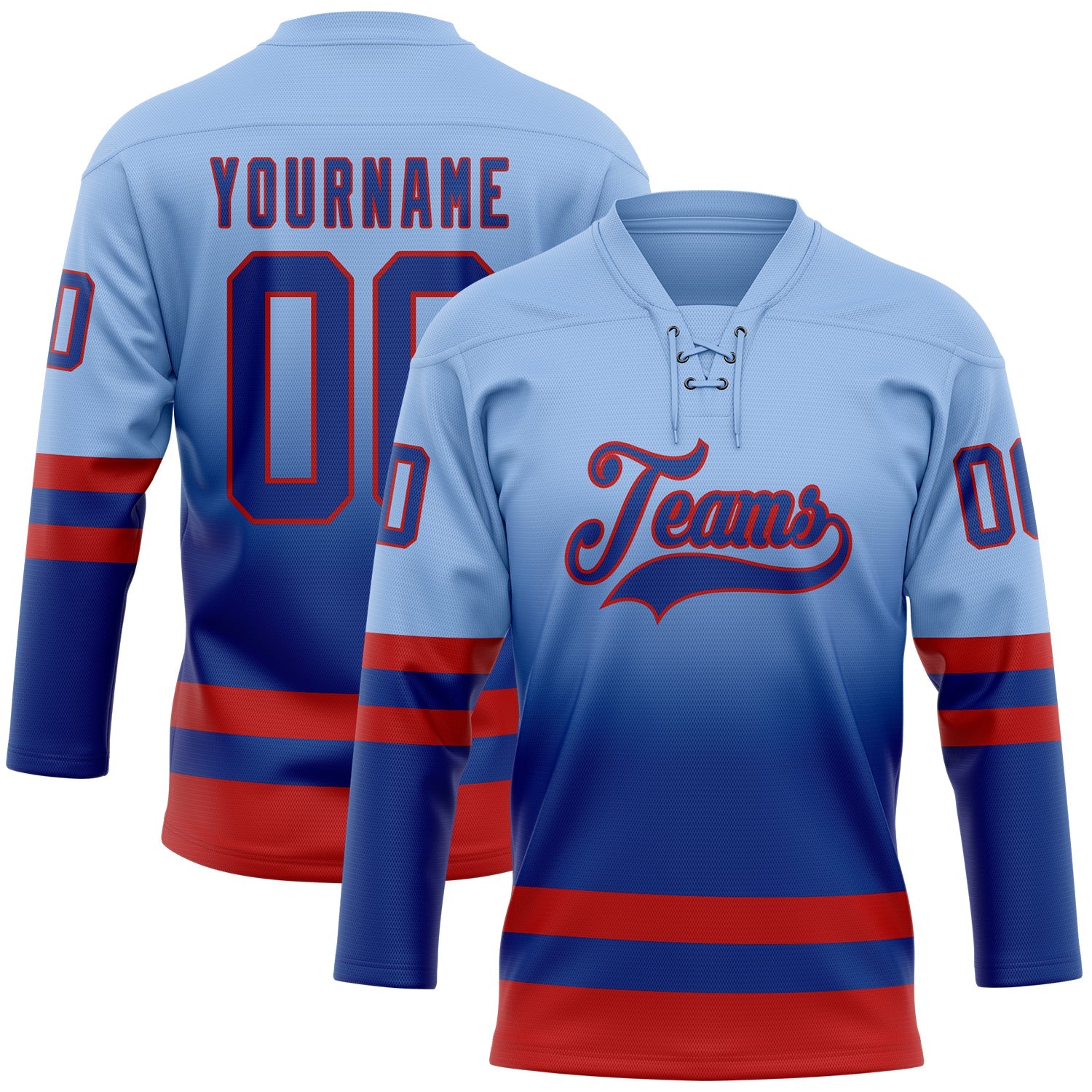 Custom Light Blue Royal-Red Fade Fashion Hockey Lace Neck Jersey - Main View