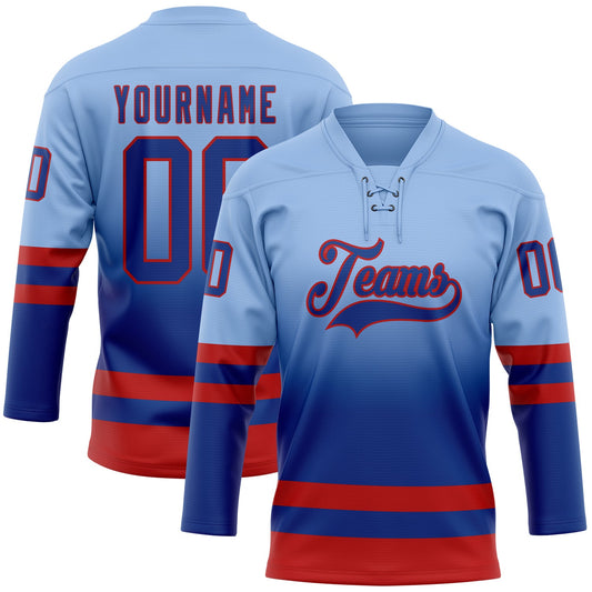 Custom Light Blue Royal-Red Fade Fashion Hockey Lace Neck Jersey - Main View