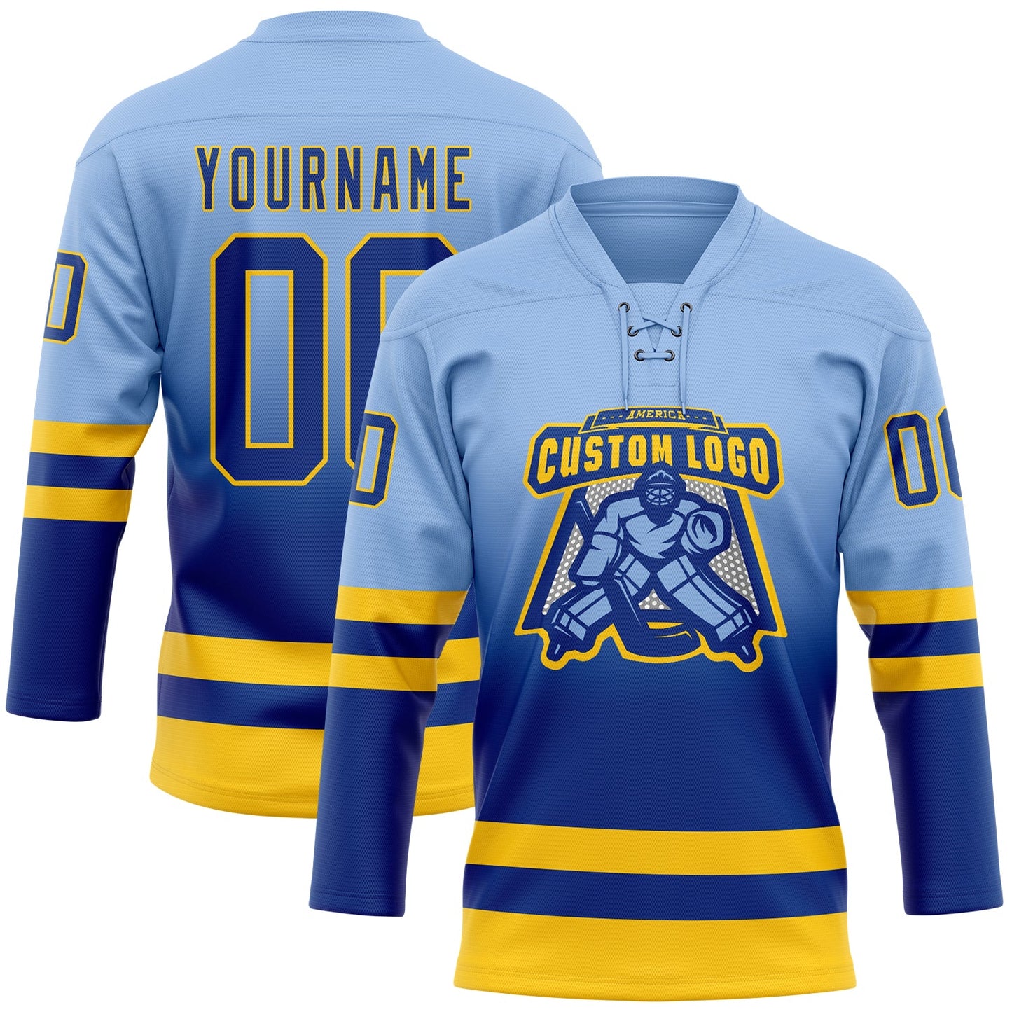 Custom Light Blue Royal-Yellow Fade Fashion Hockey Lace Neck Jersey view 2