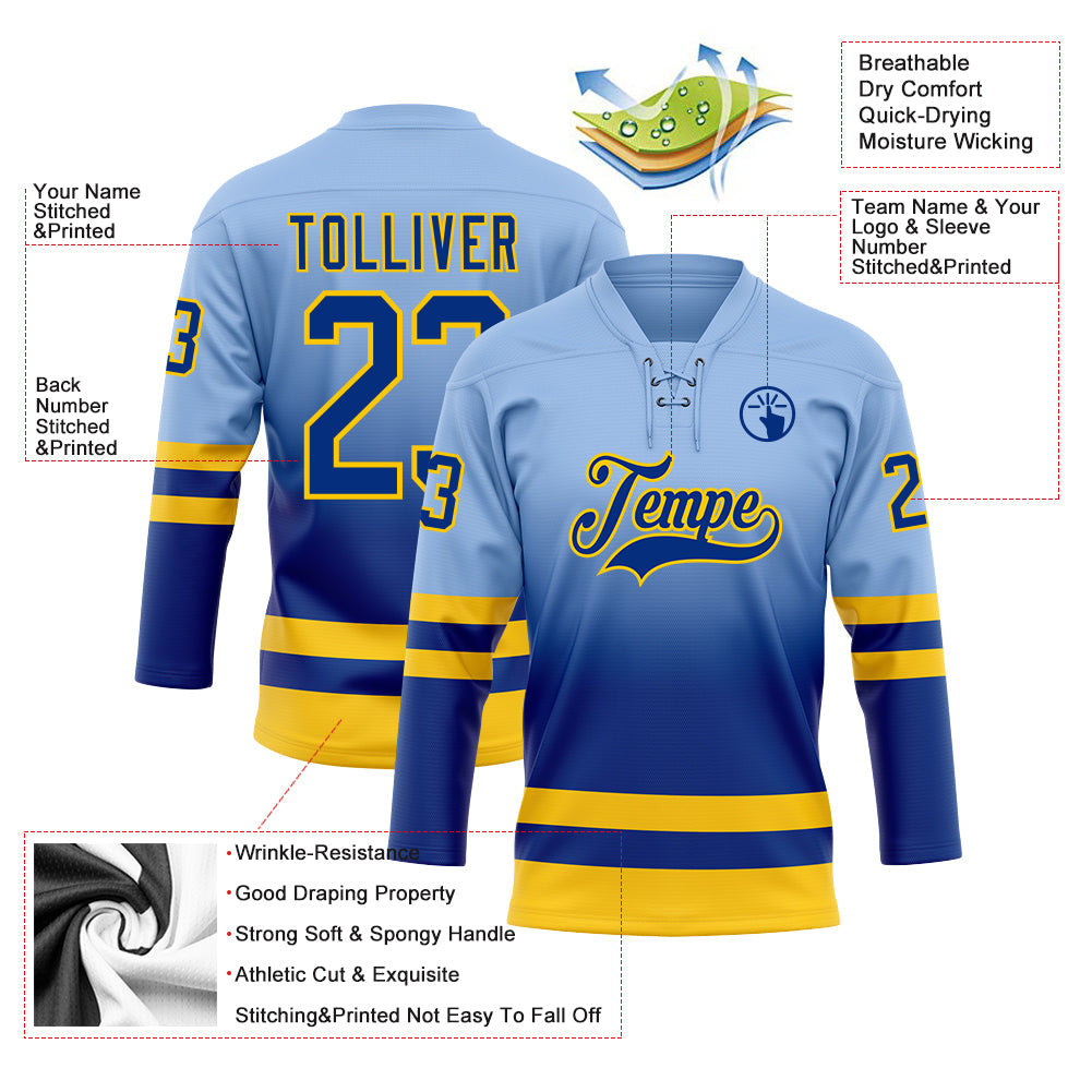 Custom Light Blue Royal-Yellow Fade Fashion Hockey Lace Neck Jersey view 5