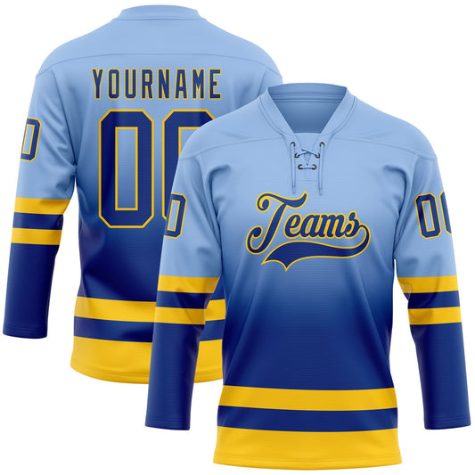 Custom Light Blue Royal-Yellow Fade Fashion Hockey Lace Neck Jersey - Main View