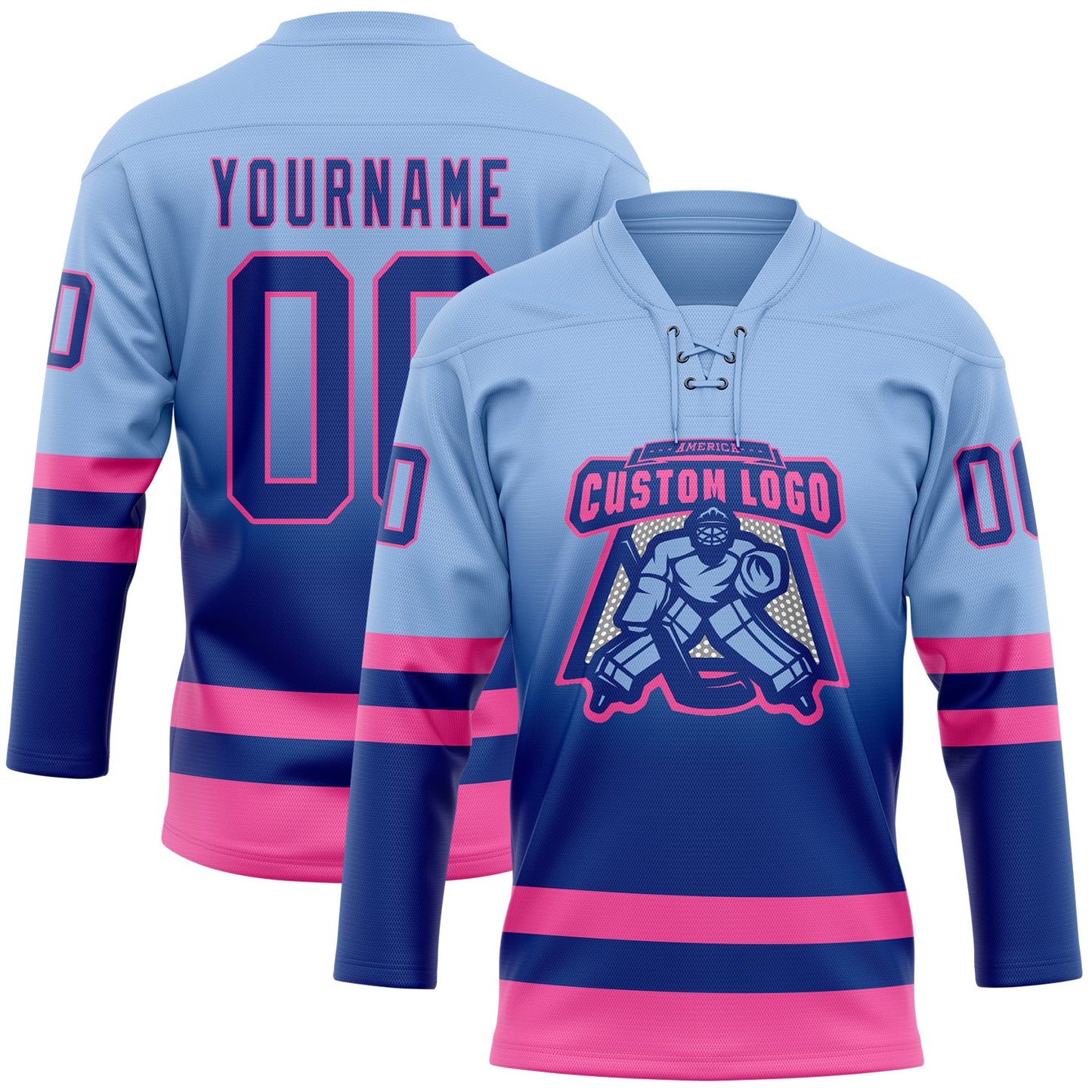 Custom Light Blue Royal-Pink Fade Fashion Hockey Lace Neck Jersey view 2
