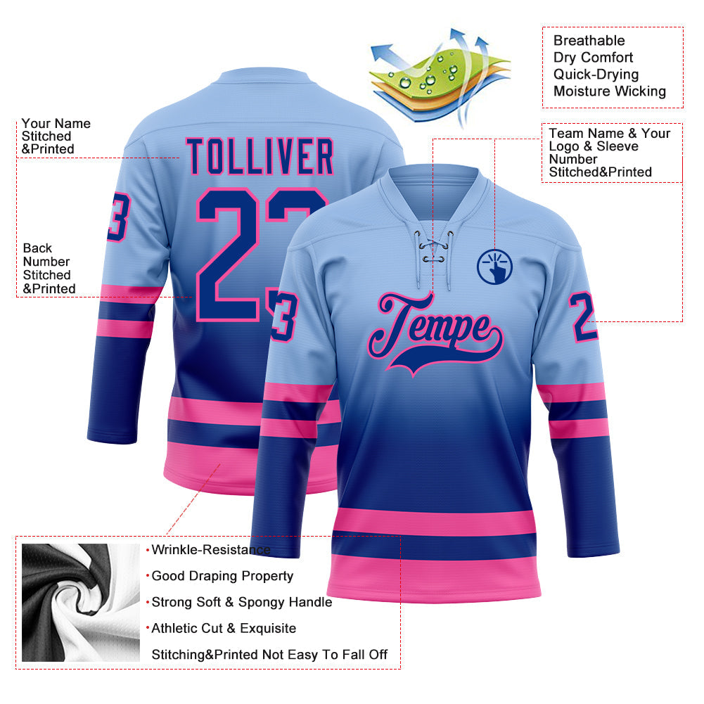 Custom Light Blue Royal-Pink Fade Fashion Hockey Lace Neck Jersey view 5