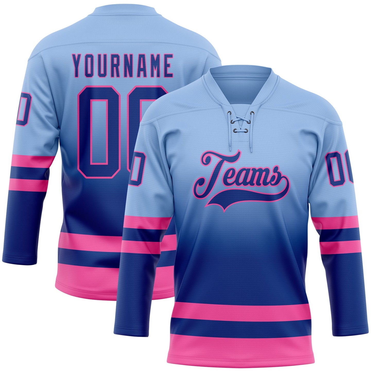 Custom Light Blue Royal-Pink Fade Fashion Hockey Lace Neck Jersey - Main View