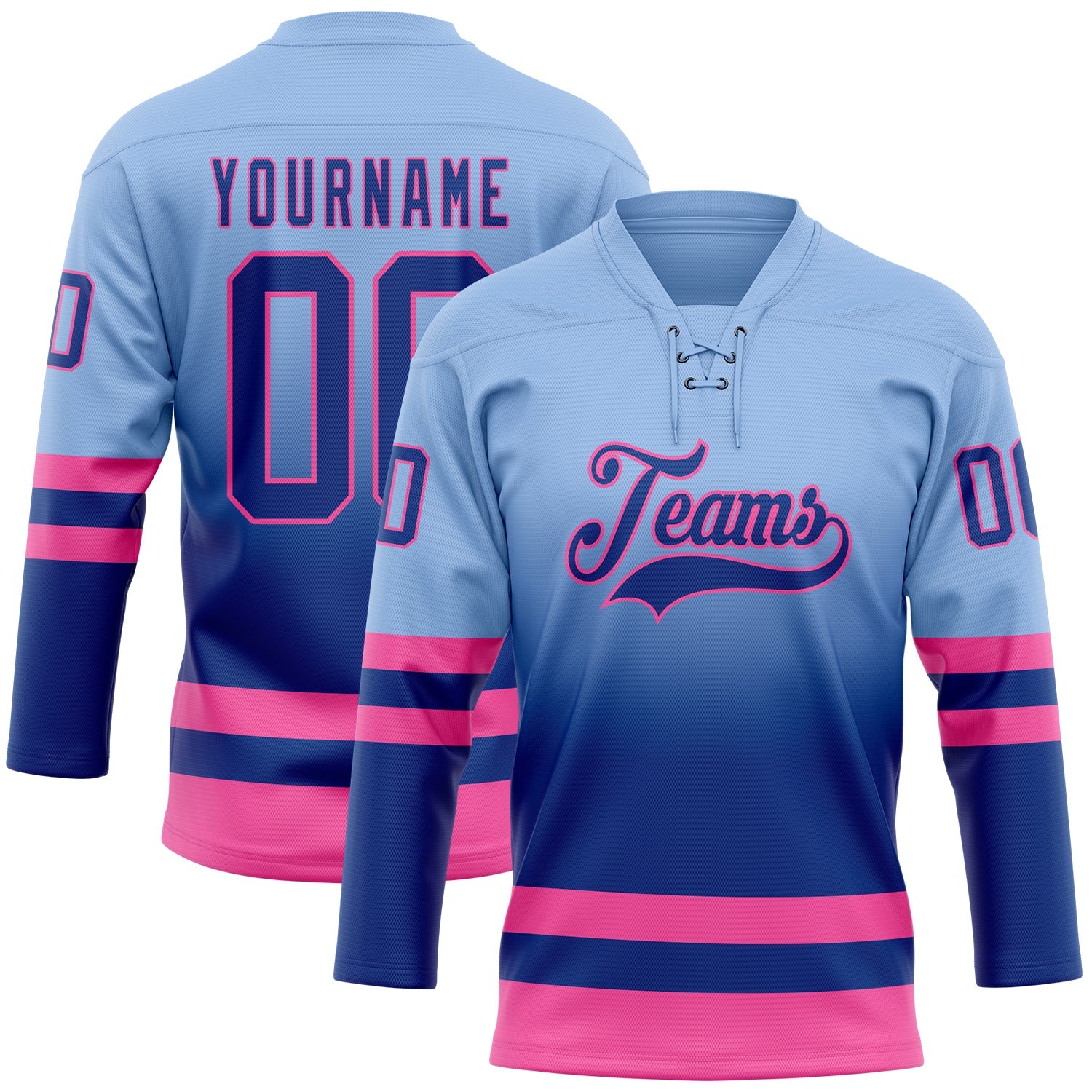 Custom Light Blue Royal-Pink Fade Fashion Hockey Lace Neck Jersey - Main View