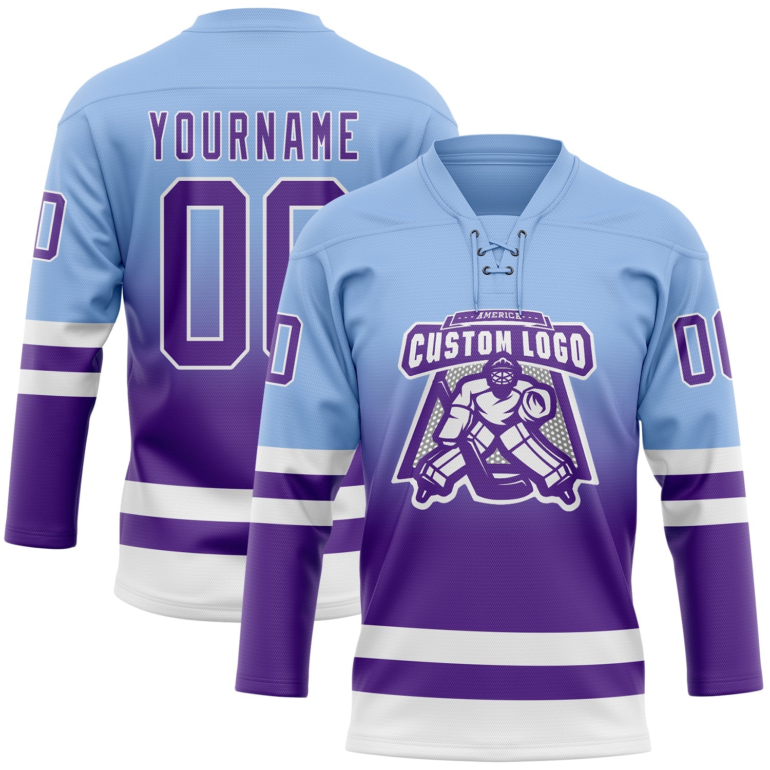 Custom Light Blue Purple-White Fade Fashion Hockey Lace Neck Jersey view 2