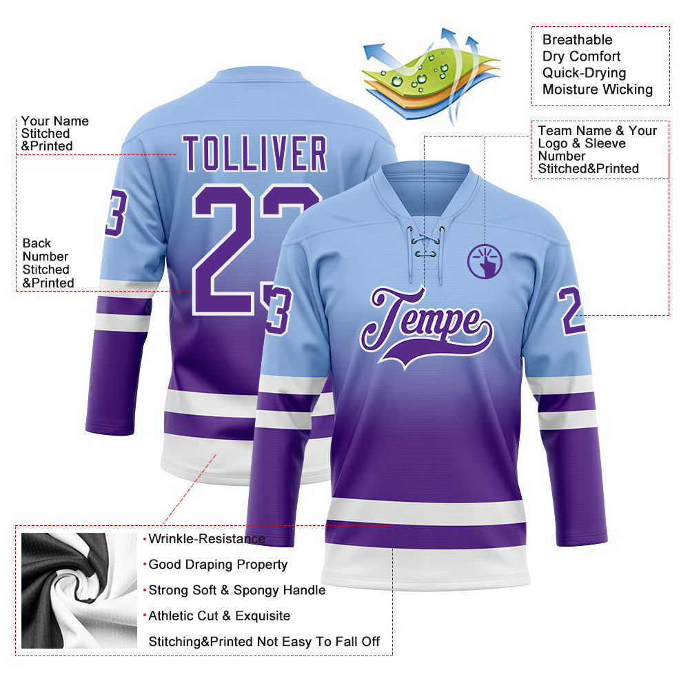 Custom Light Blue Purple-White Fade Fashion Hockey Lace Neck Jersey view 5