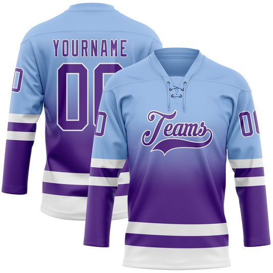 Custom Light Blue Purple-White Fade Fashion Hockey Lace Neck Jersey - Main View