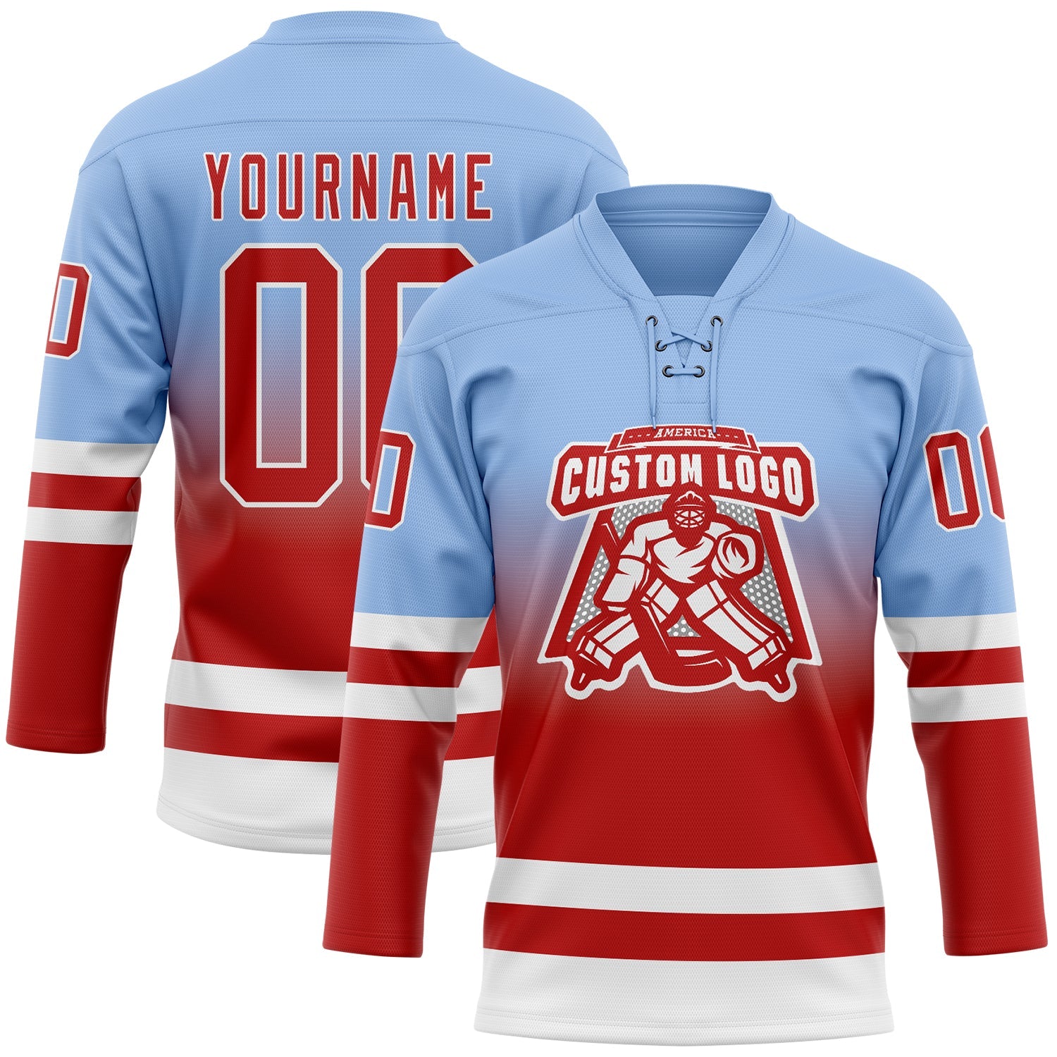 Custom Light Blue Red-White Fade Fashion Hockey Lace Neck Jersey view 2