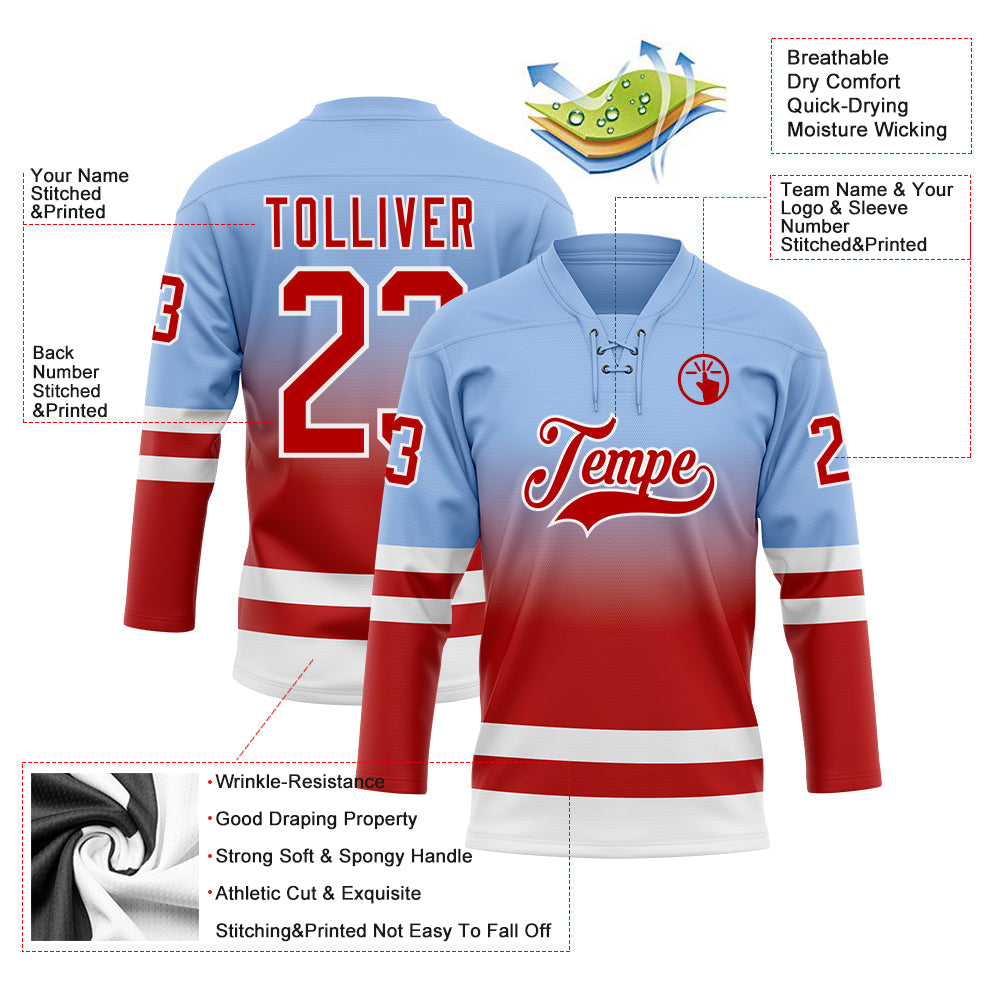 Custom Light Blue Red-White Fade Fashion Hockey Lace Neck Jersey view 5