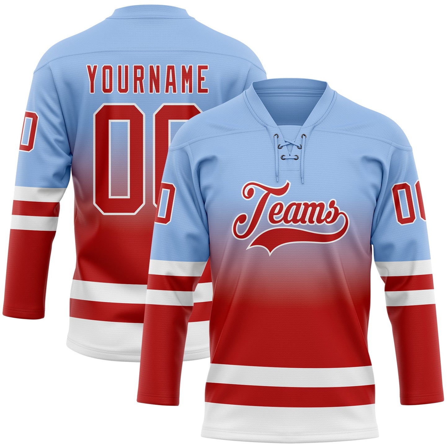 Custom Light Blue Red-White Fade Fashion Hockey Lace Neck Jersey - Main View