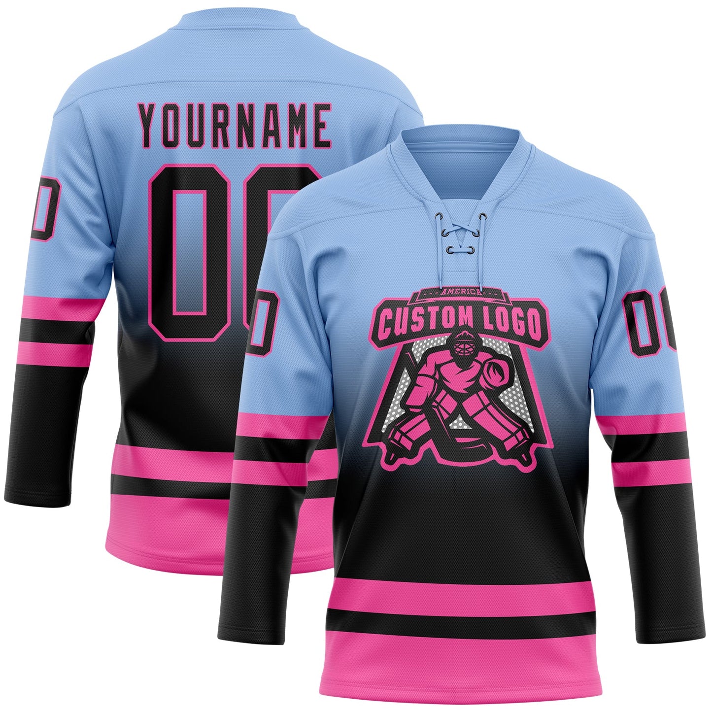 Custom Light Blue Black-Pink Fade Fashion Hockey Lace Neck Jersey view 2