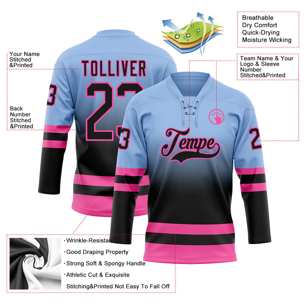 Custom Light Blue Black-Pink Fade Fashion Hockey Lace Neck Jersey view 5