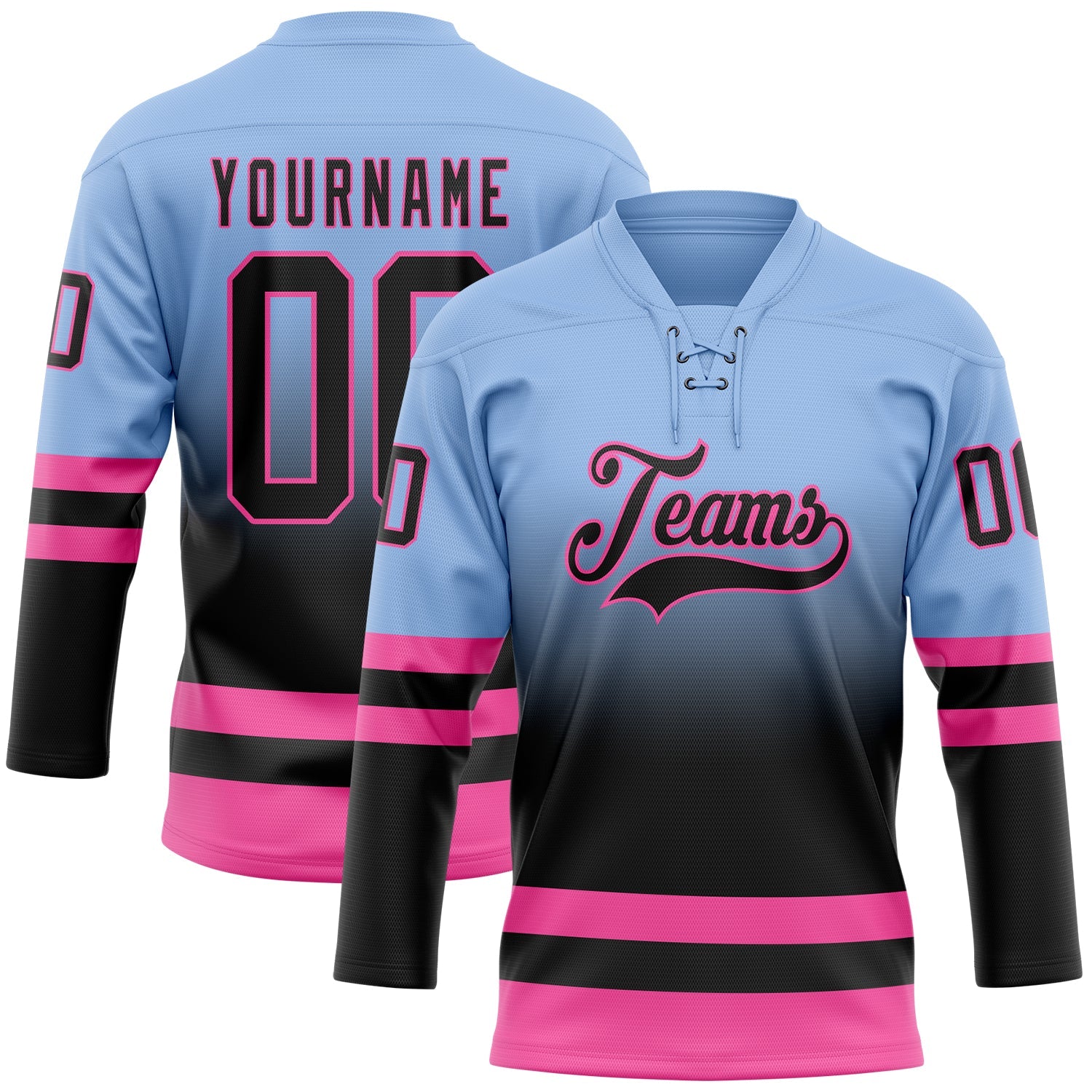 Custom Light Blue Black-Pink Fade Fashion Hockey Lace Neck Jersey - Main View