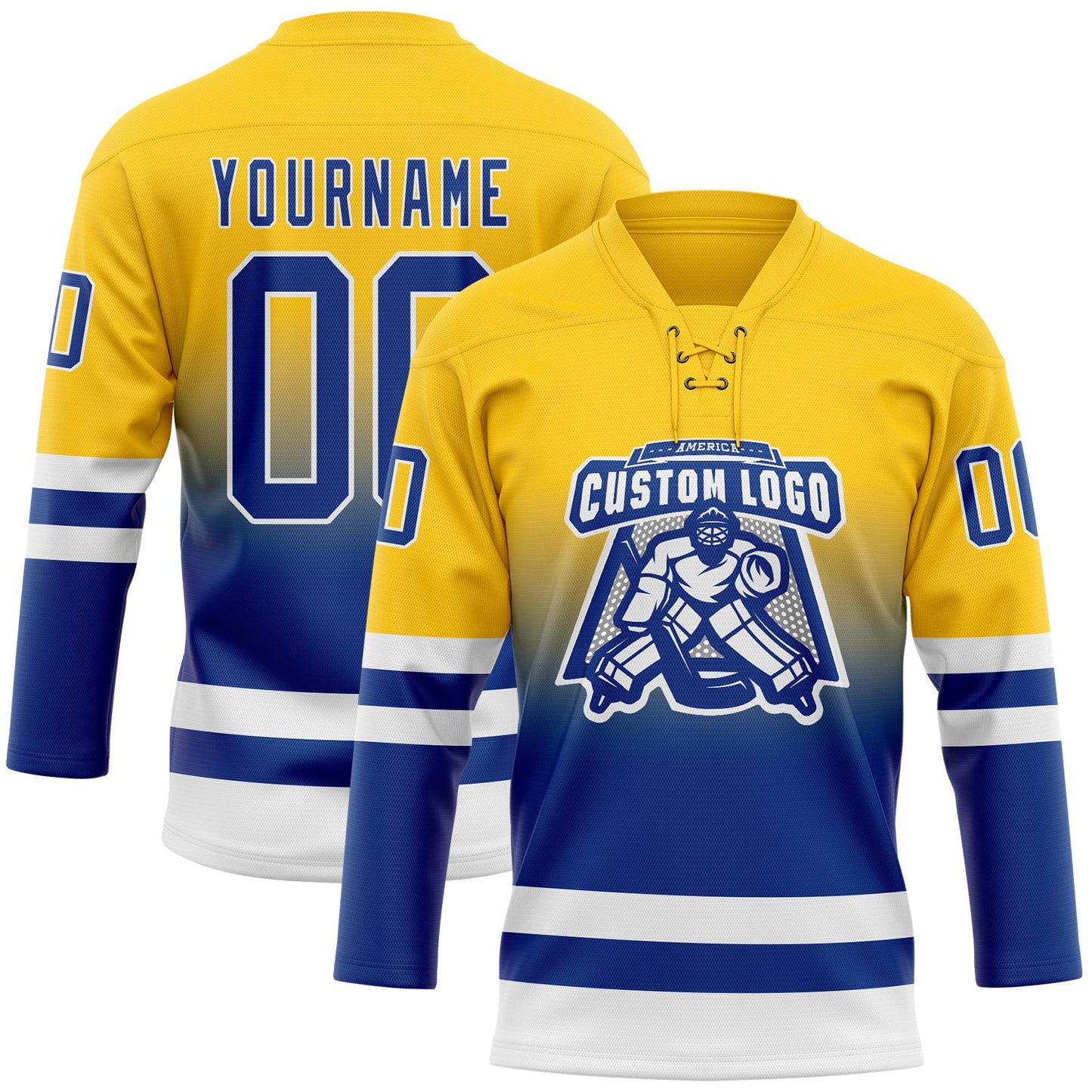 Custom Yellow Royal-White Fade Fashion Hockey Lace Neck Jersey view 2