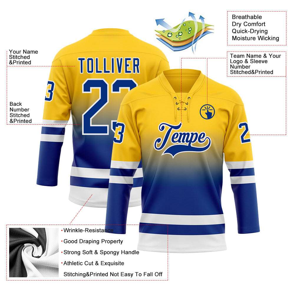 Custom Yellow Royal-White Fade Fashion Hockey Lace Neck Jersey view 5