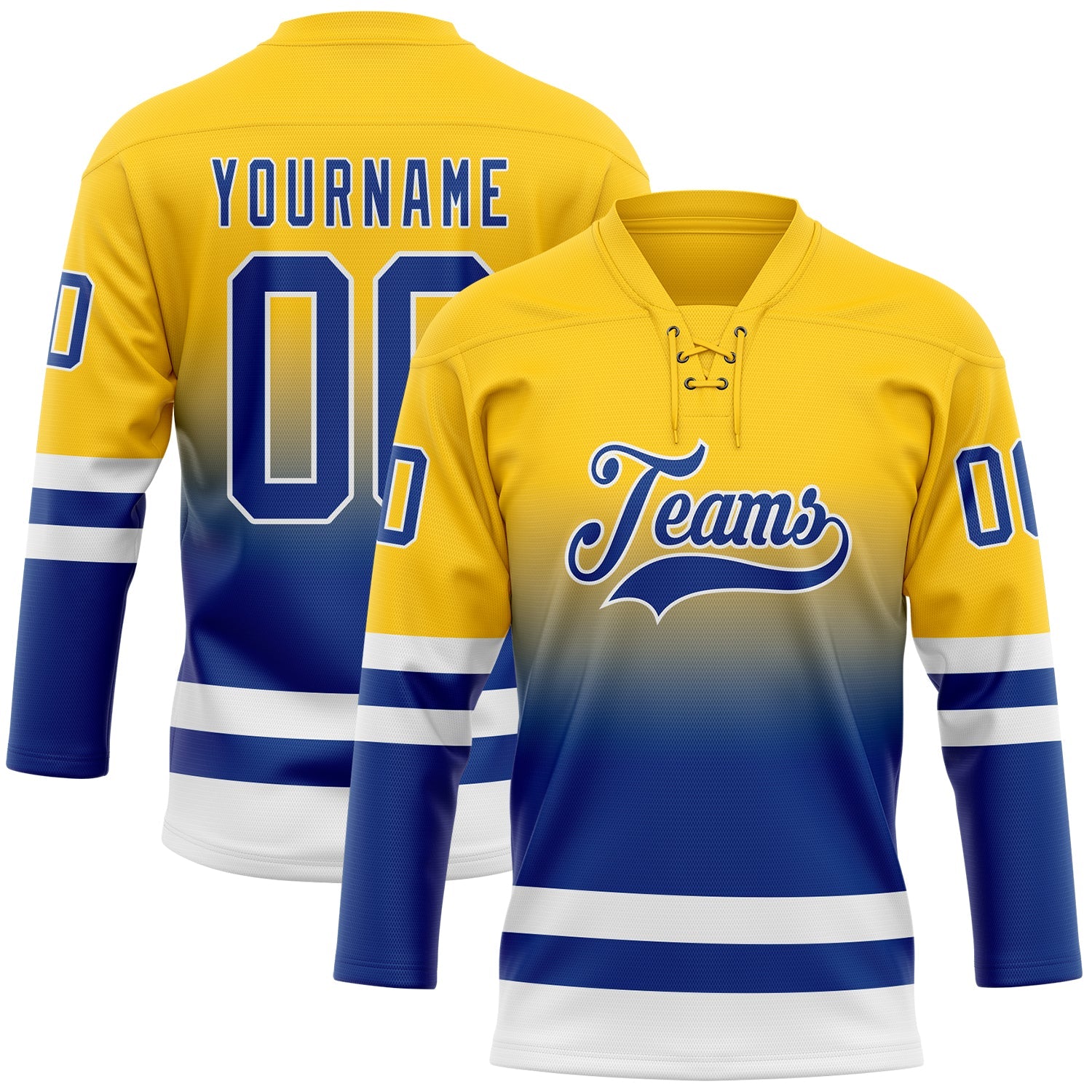 Custom Yellow Royal-White Fade Fashion Hockey Lace Neck Jersey - Main View