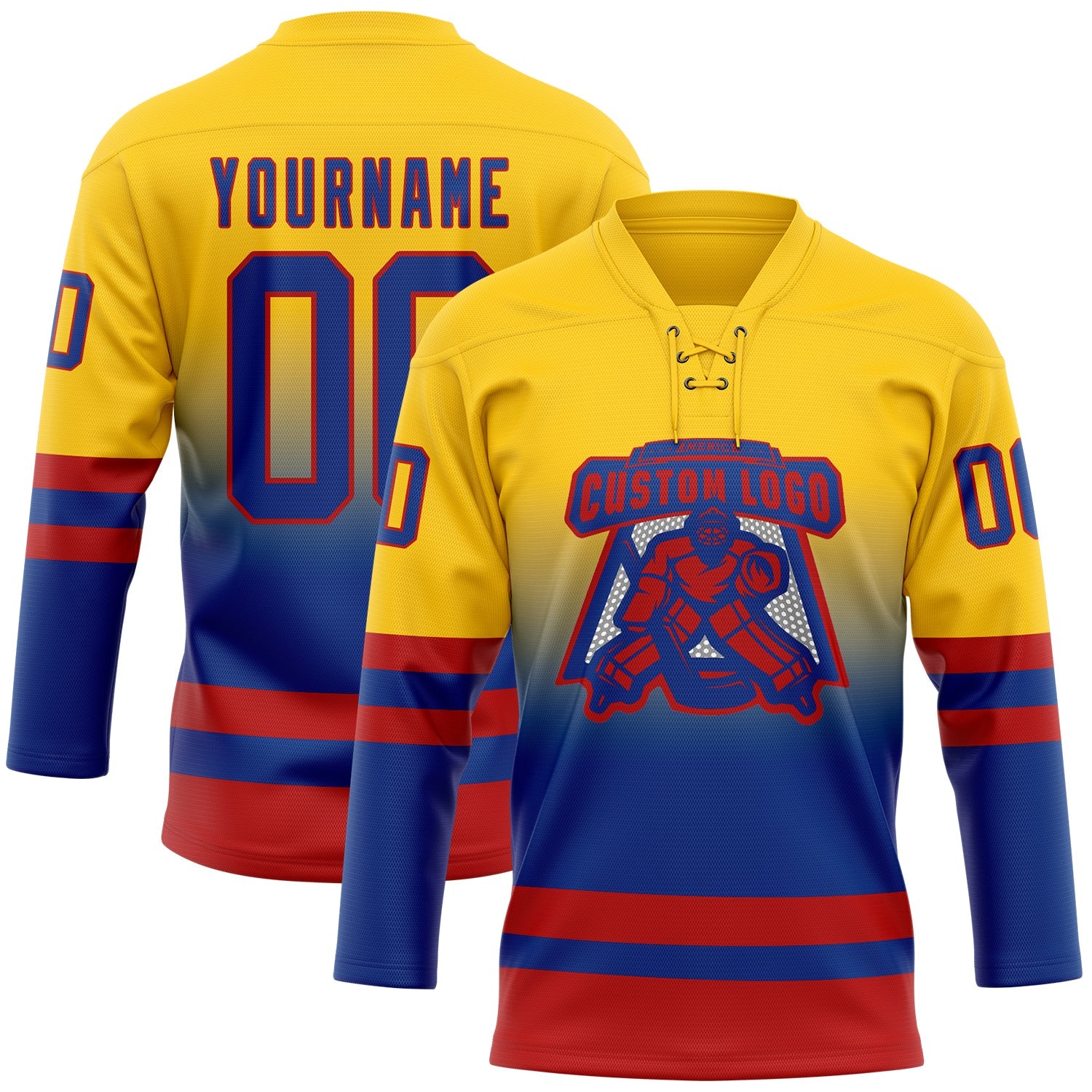 Custom Yellow Royal-Red Fade Fashion Hockey Lace Neck Jersey view 2