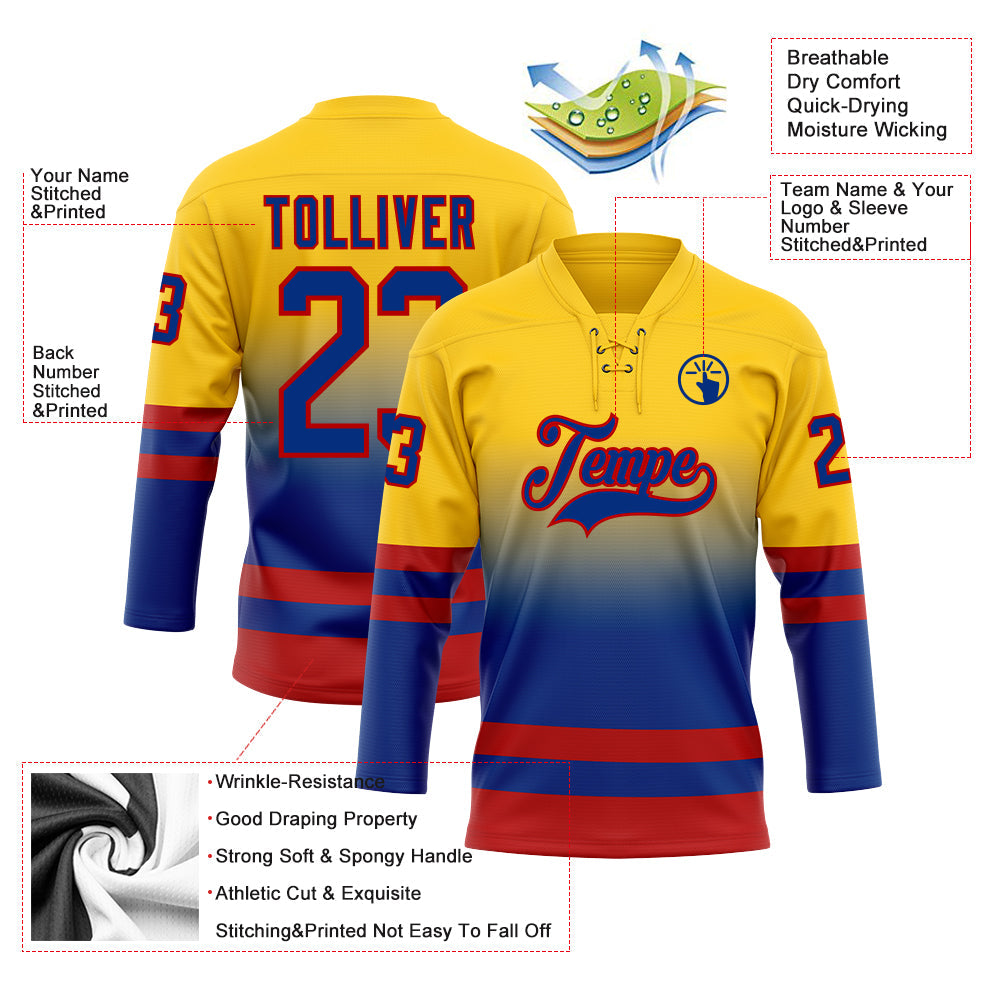 Custom Yellow Royal-Red Fade Fashion Hockey Lace Neck Jersey view 5