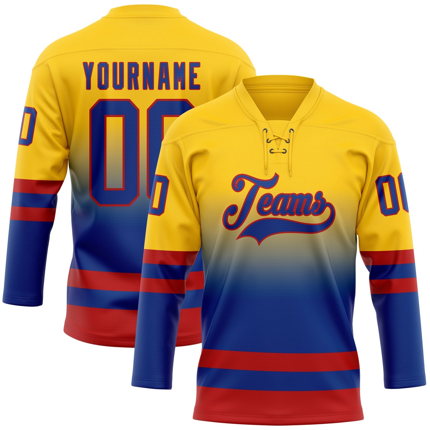 Custom Yellow Royal-Red Fade Fashion Hockey Lace Neck Jersey - Main View