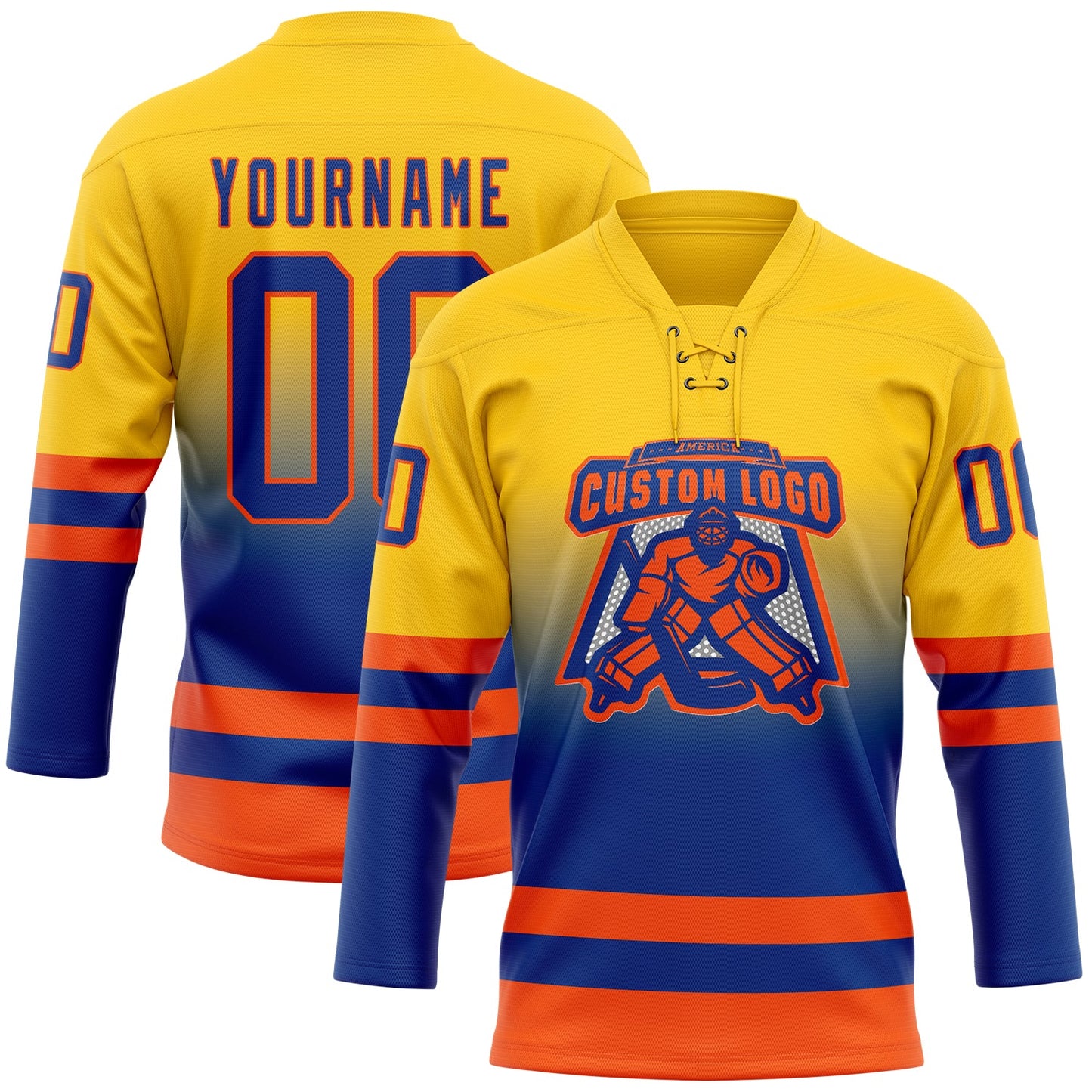 Custom Yellow Royal-Orange Fade Fashion Hockey Lace Neck Jersey view 2