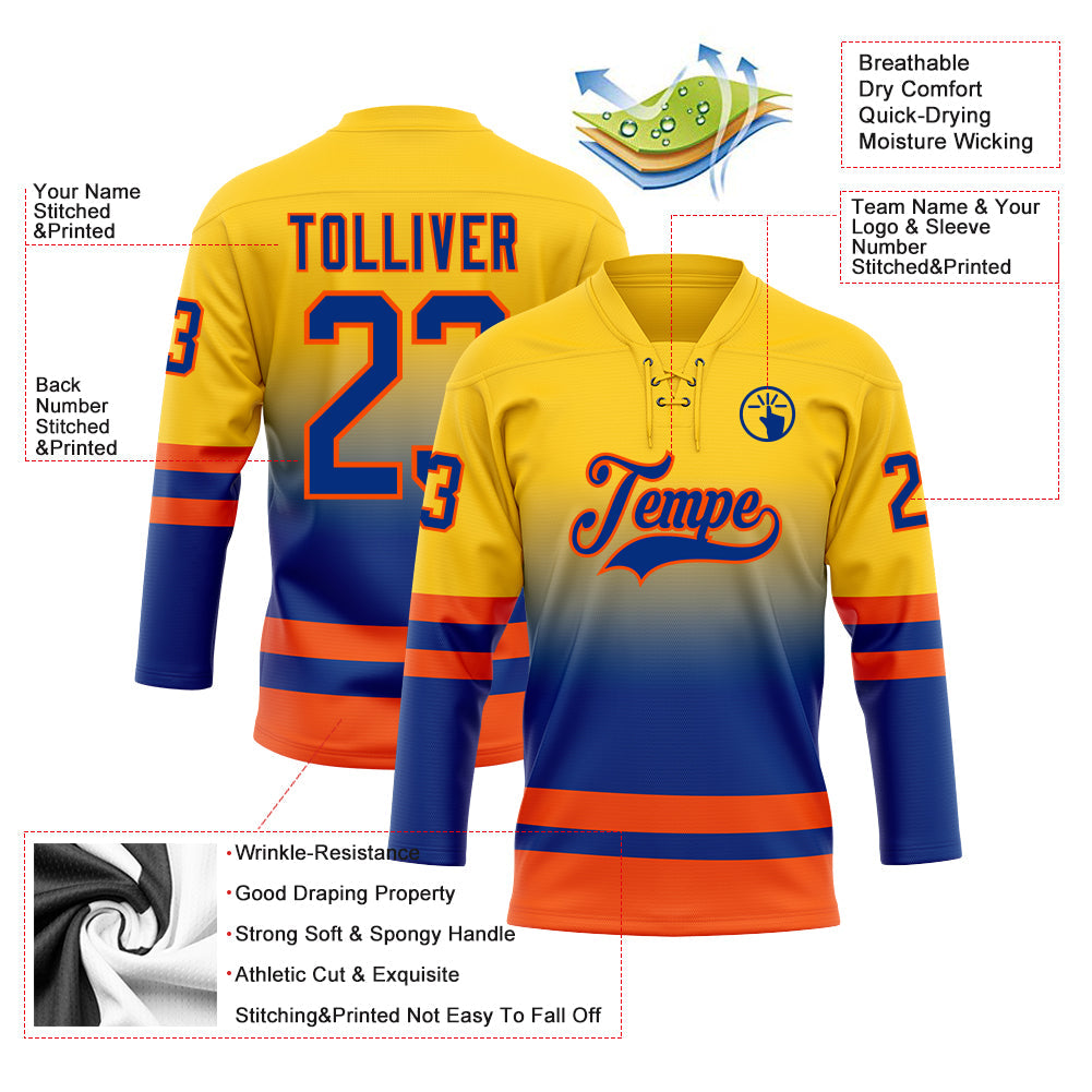 Custom Yellow Royal-Orange Fade Fashion Hockey Lace Neck Jersey view 5