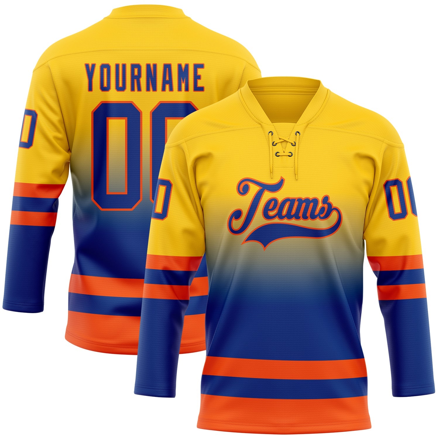 Custom Yellow Royal-Orange Fade Fashion Hockey Lace Neck Jersey - Main View