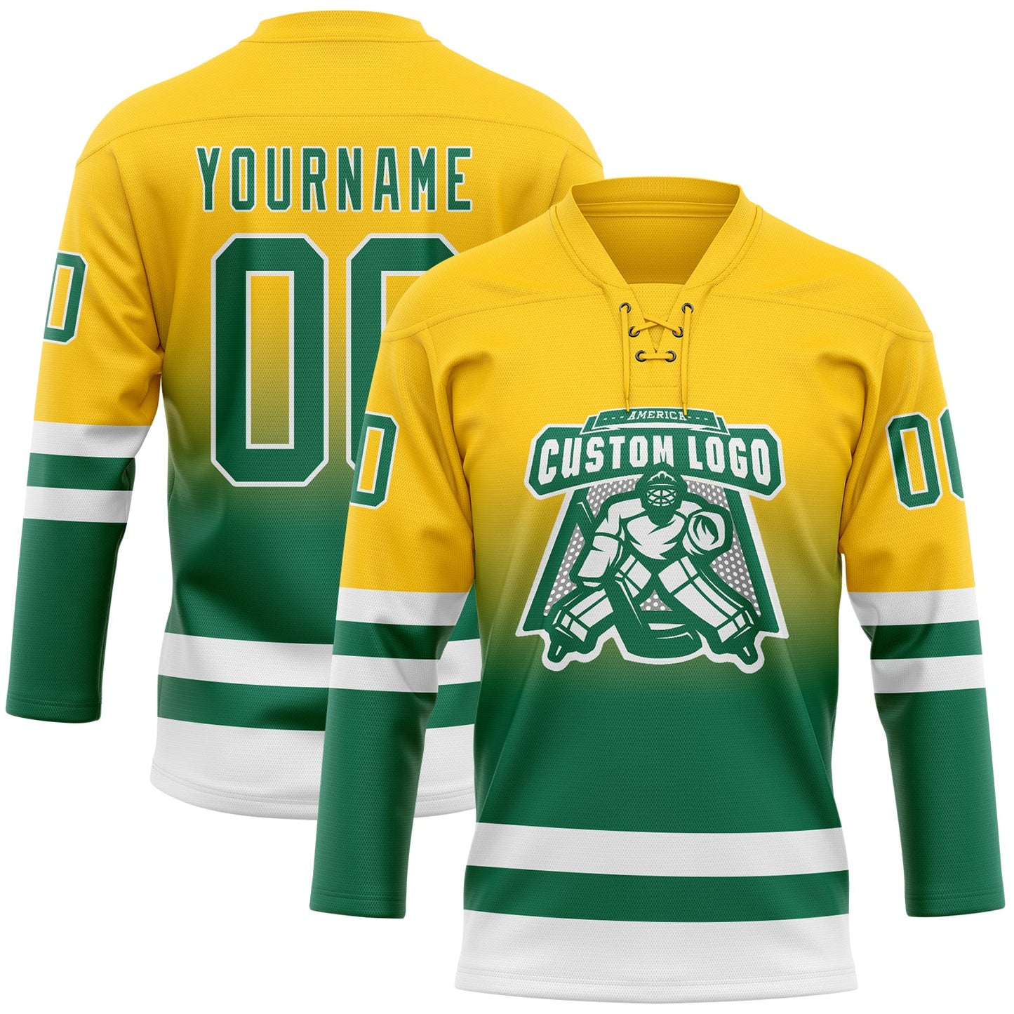 Custom Yellow Kelly Green-White Fade Fashion Hockey Lace Neck Jersey view 2
