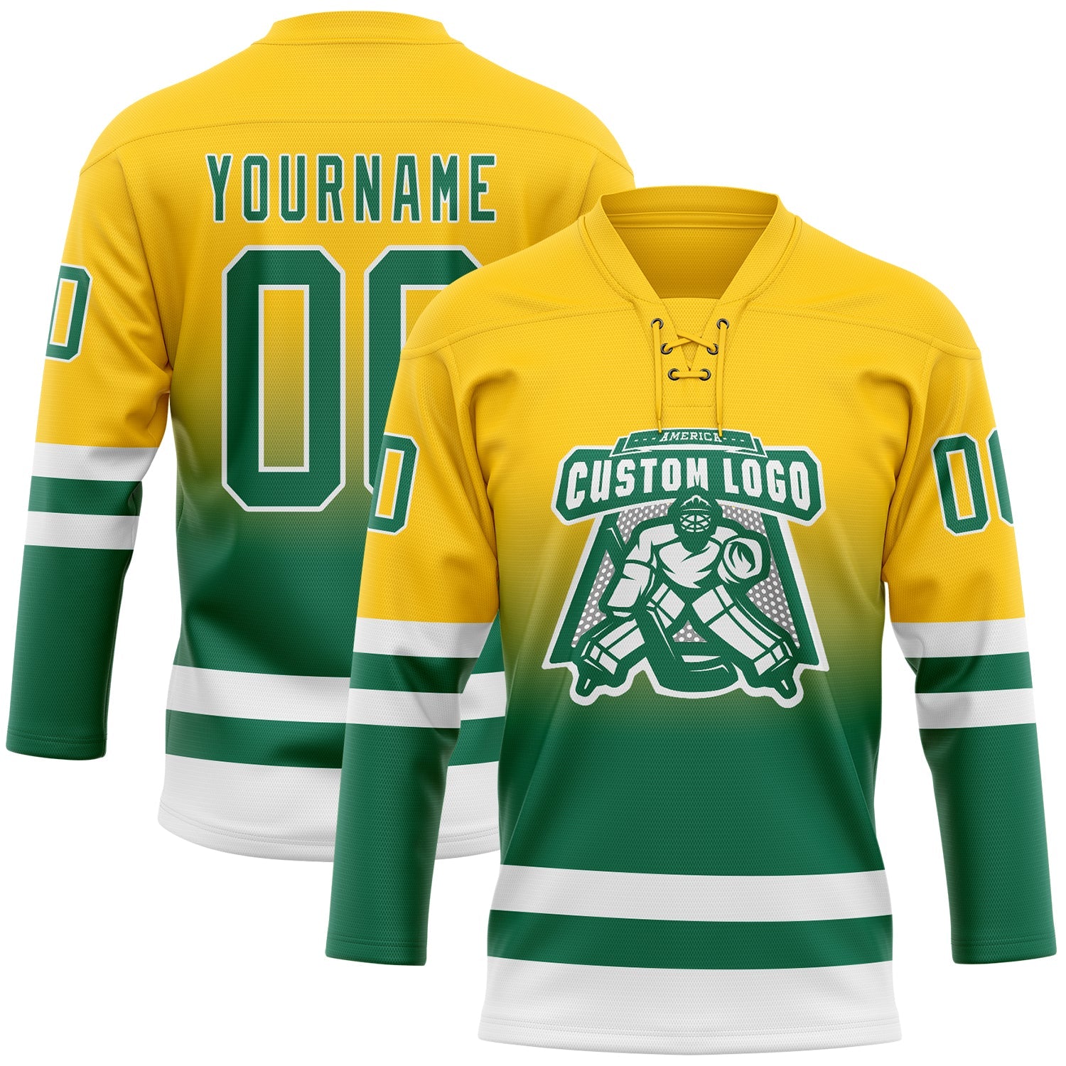 Custom Yellow Kelly Green-White Fade Fashion Hockey Lace Neck Jersey view 2