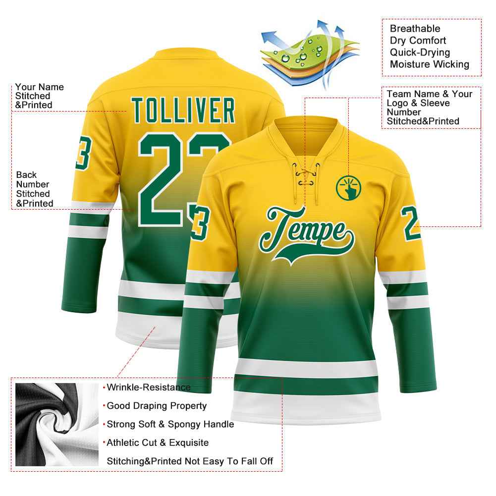 Custom Yellow Kelly Green-White Fade Fashion Hockey Lace Neck Jersey view 5