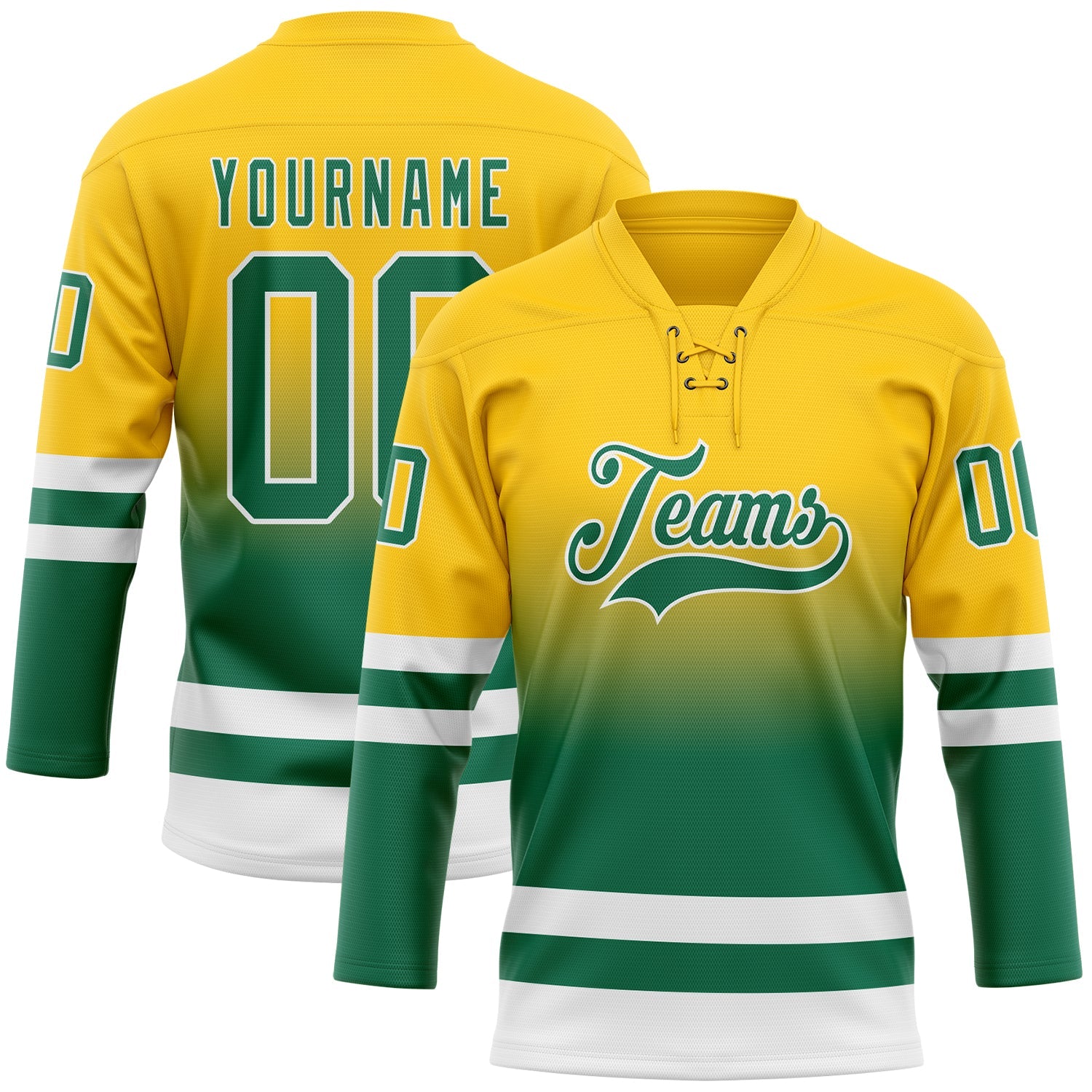 Custom Yellow Kelly Green-White Fade Fashion Hockey Lace Neck Jersey - Main View