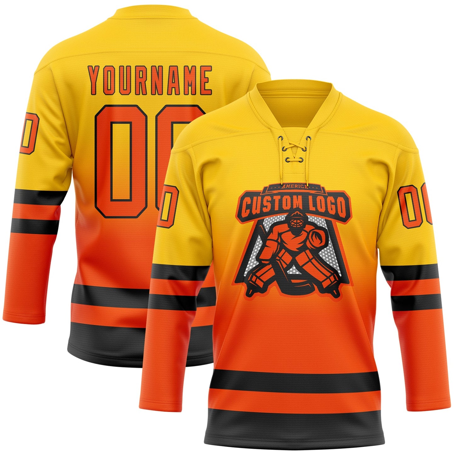 Custom Yellow Orange-Black Fade Fashion Hockey Lace Neck Jersey view 2