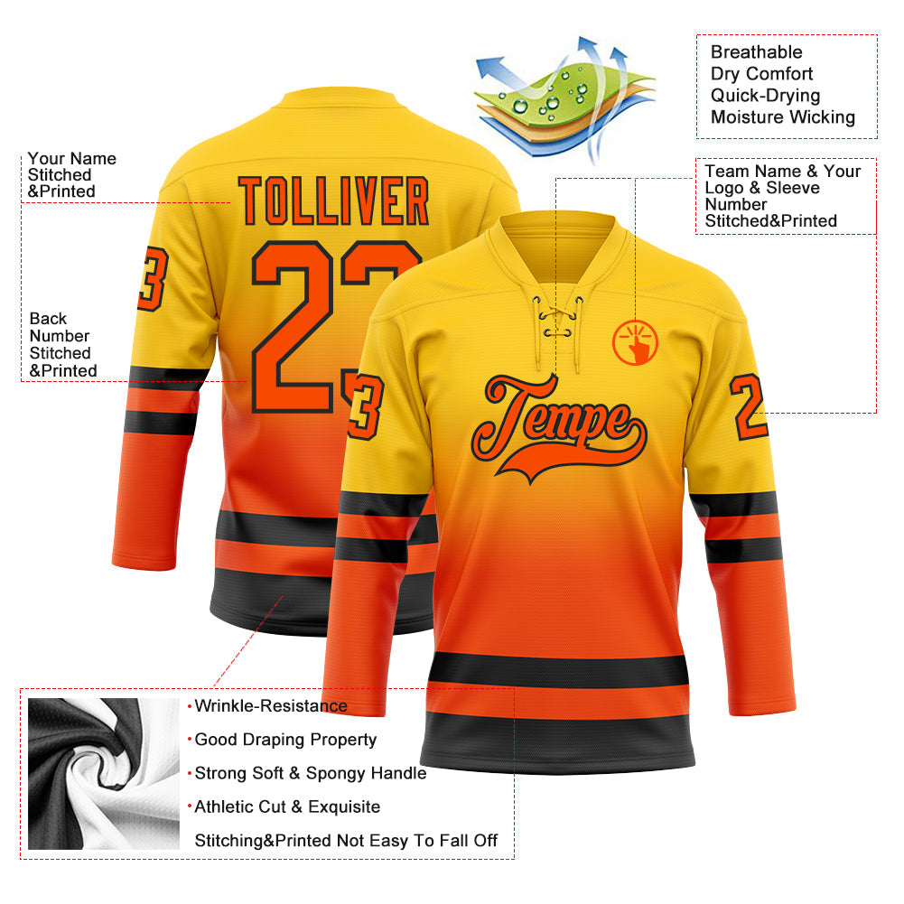 Custom Yellow Orange-Black Fade Fashion Hockey Lace Neck Jersey view 5