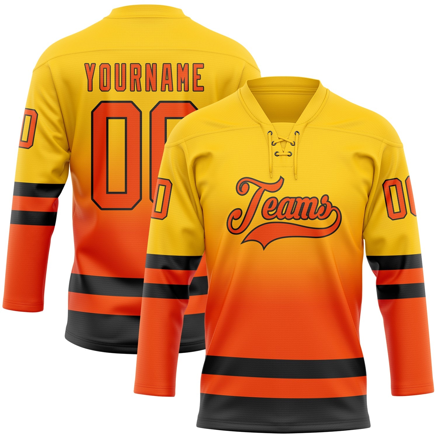 Custom Yellow Orange-Black Fade Fashion Hockey Lace Neck Jersey - Main View