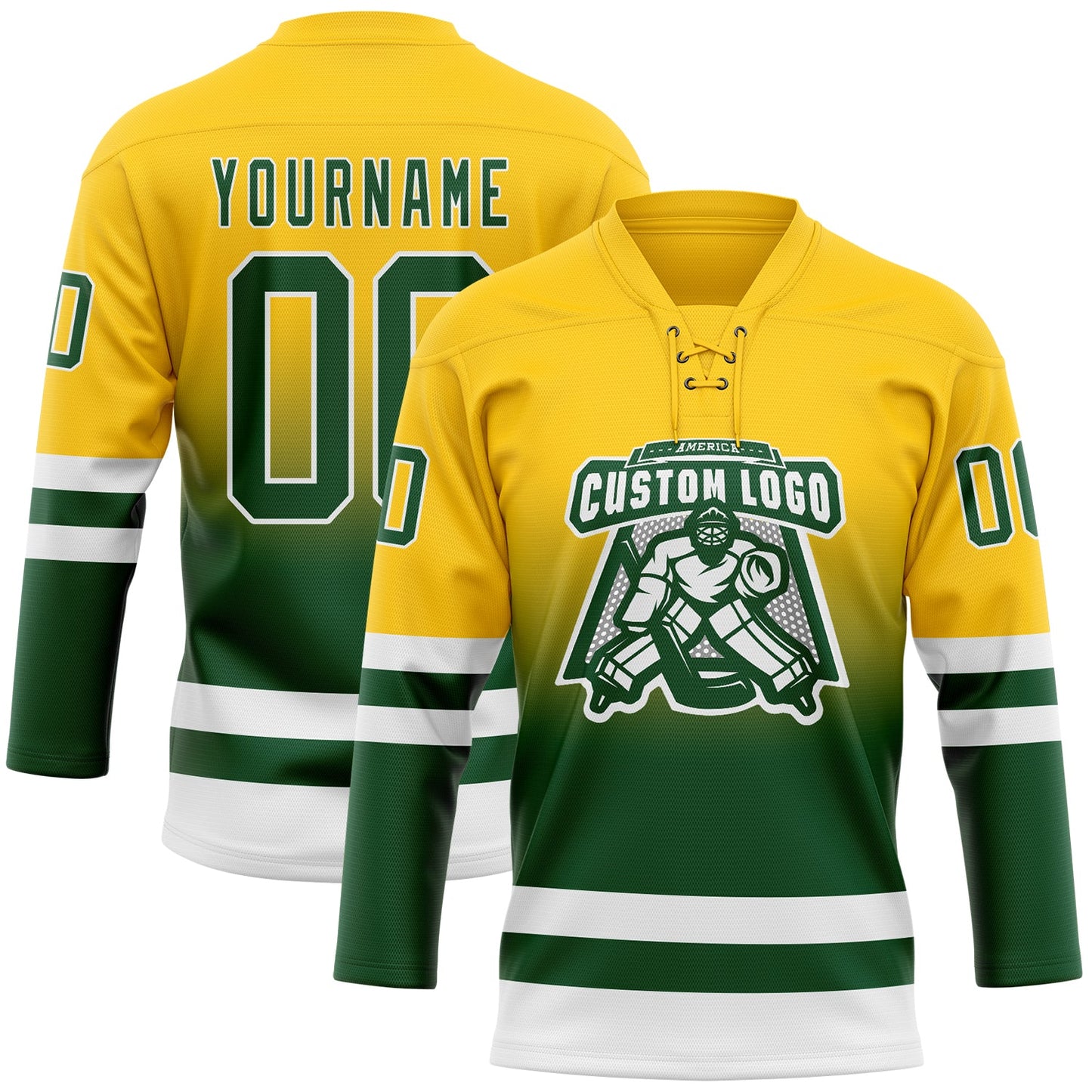 Custom Yellow Green-White Fade Fashion Hockey Lace Neck Jersey view 2