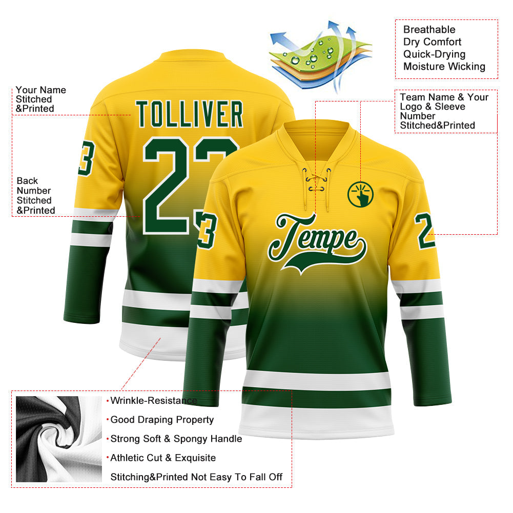 Custom Yellow Green-White Fade Fashion Hockey Lace Neck Jersey view 5