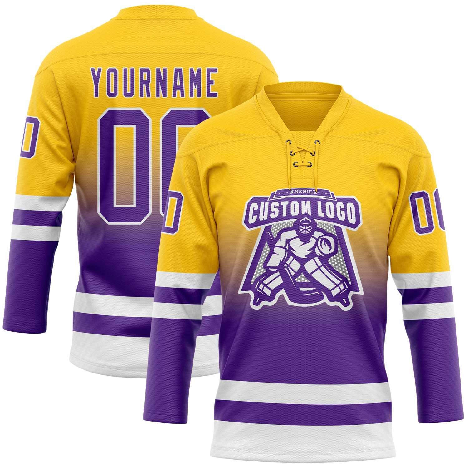 Custom Yellow Purple-White Fade Fashion Hockey Lace Neck Jersey view 2