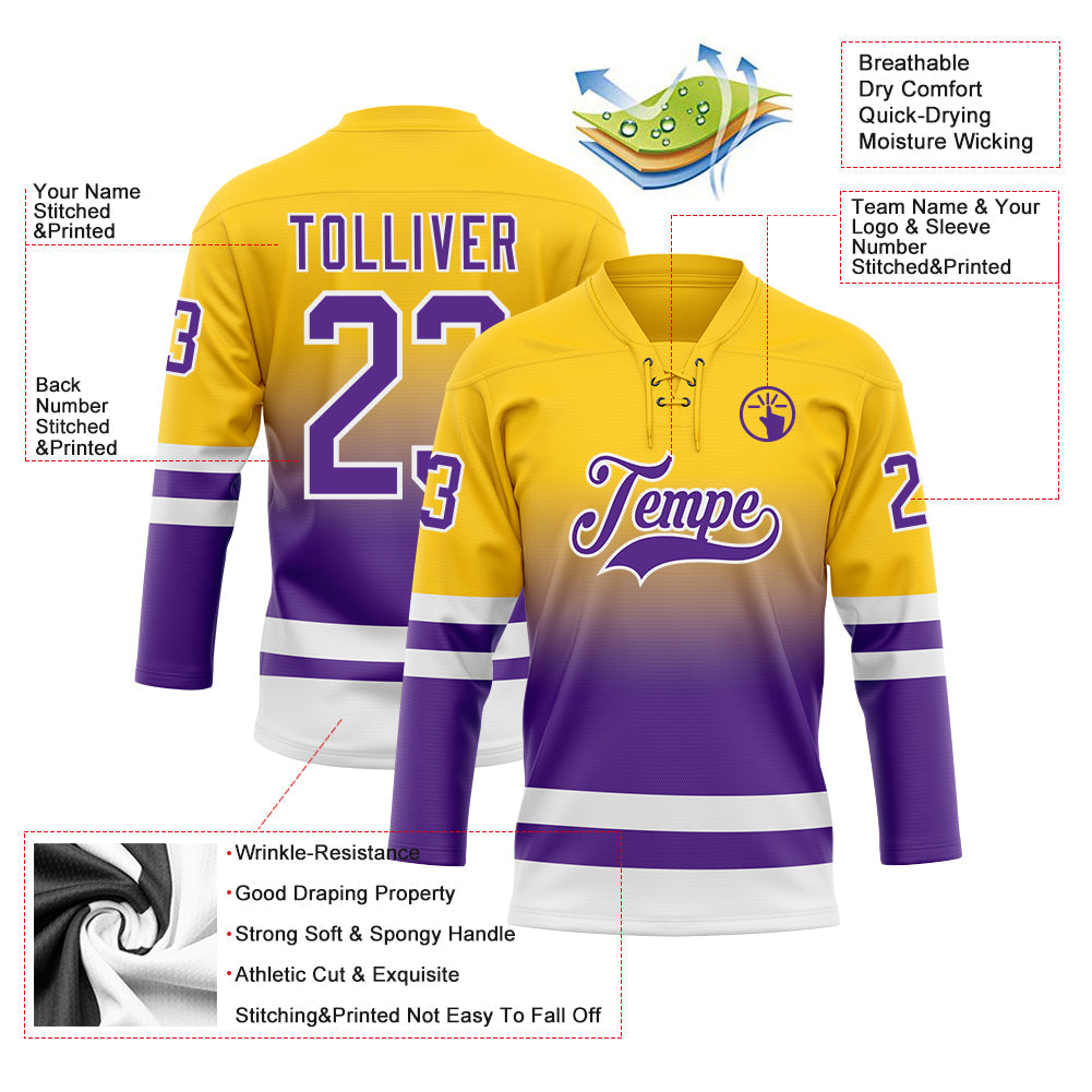 Custom Yellow Purple-White Fade Fashion Hockey Lace Neck Jersey view 5