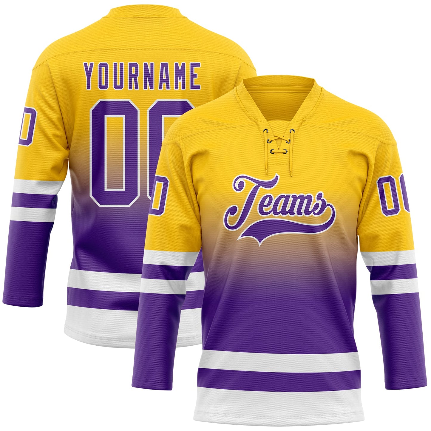 Custom Yellow Purple-White Fade Fashion Hockey Lace Neck Jersey - Main View