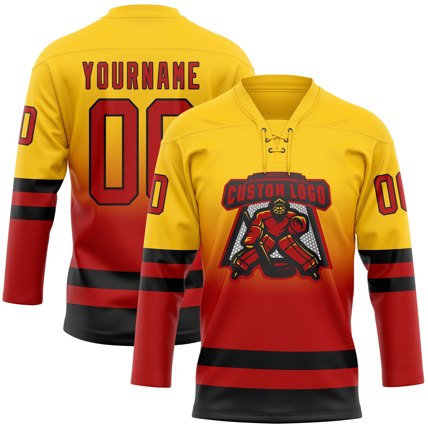 Custom Yellow Red-Black Fade Fashion Hockey Lace Neck Jersey view 2