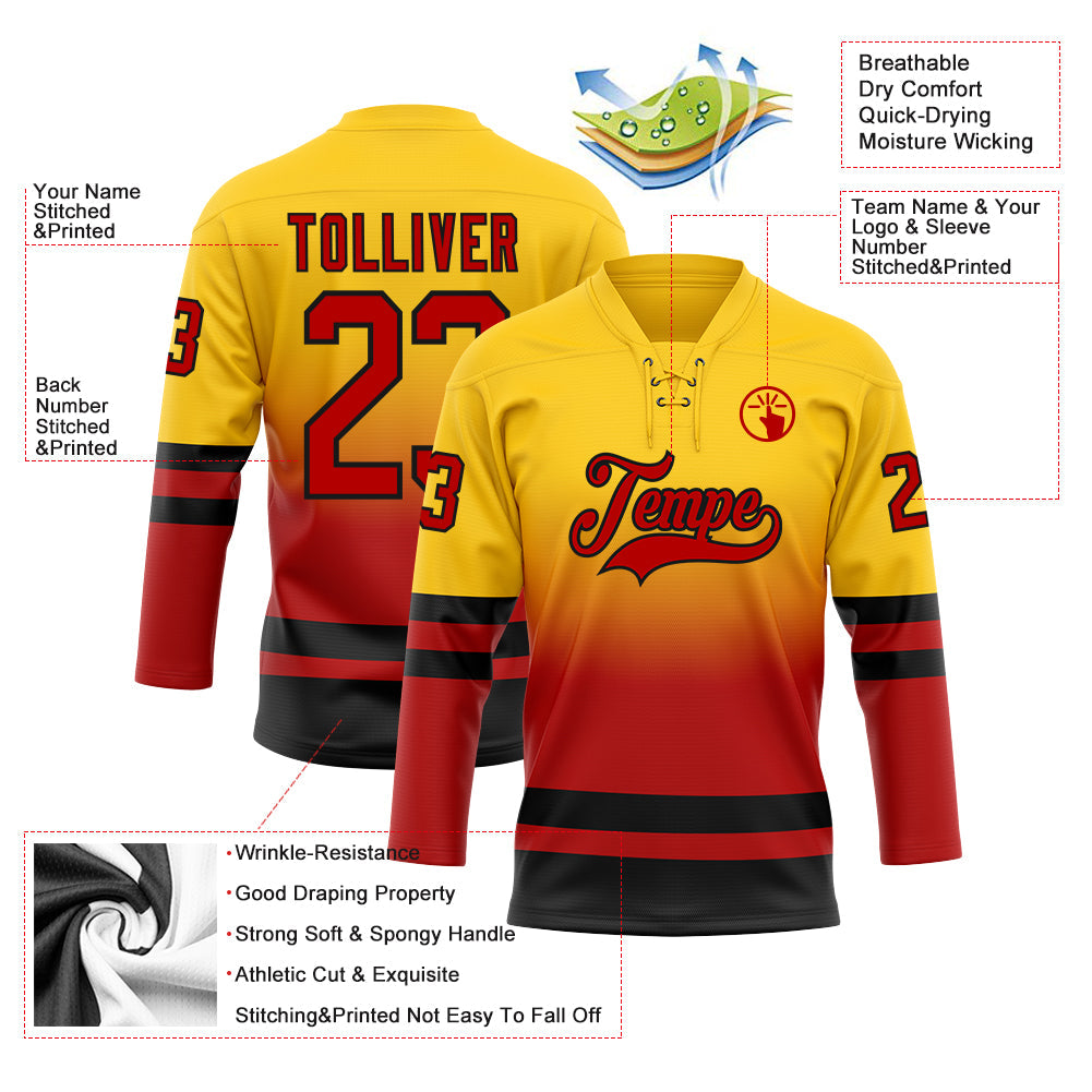 Custom Yellow Red-Black Fade Fashion Hockey Lace Neck Jersey view 5