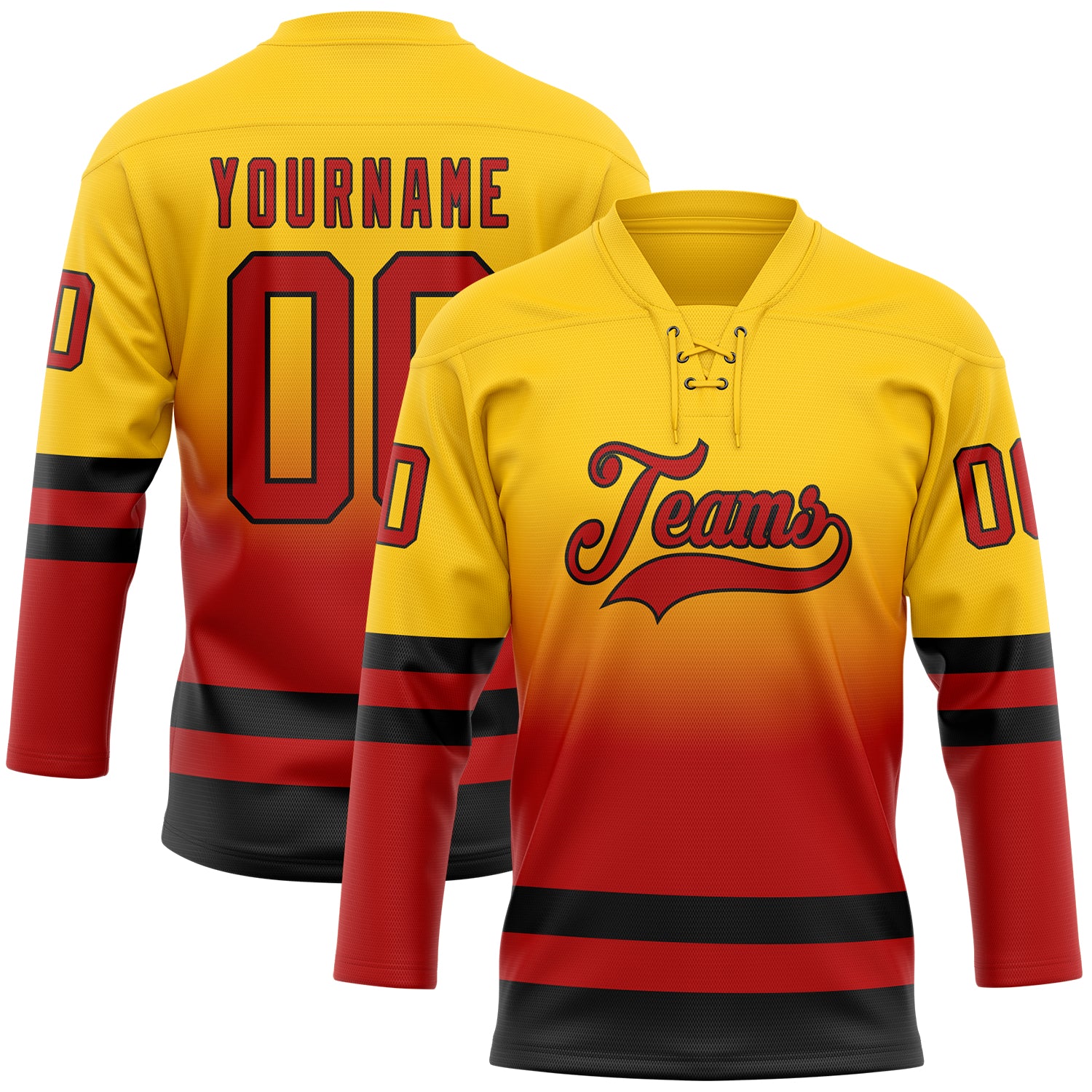 Custom Yellow Red-Black Fade Fashion Hockey Lace Neck Jersey - Main View