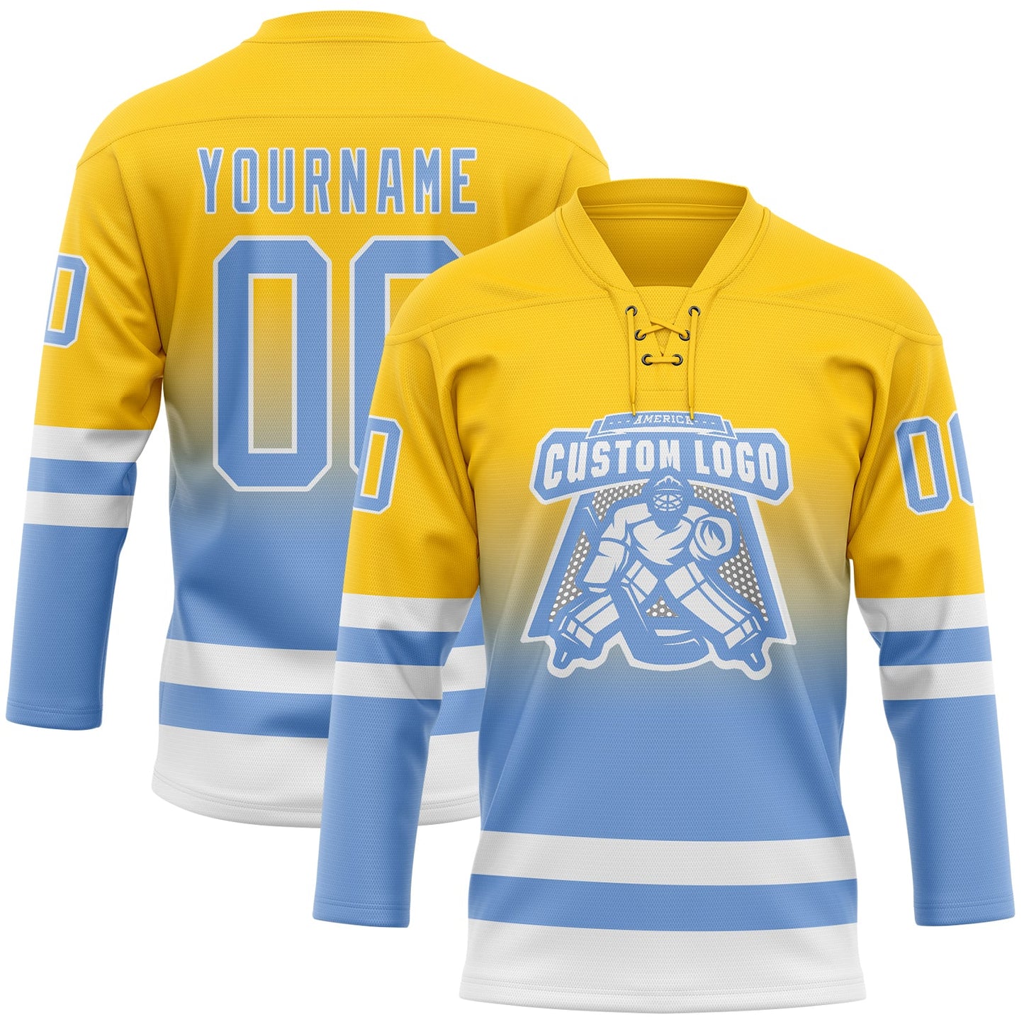 Custom Yellow Light Blue-White Fade Fashion Hockey Lace Neck Jersey view 2