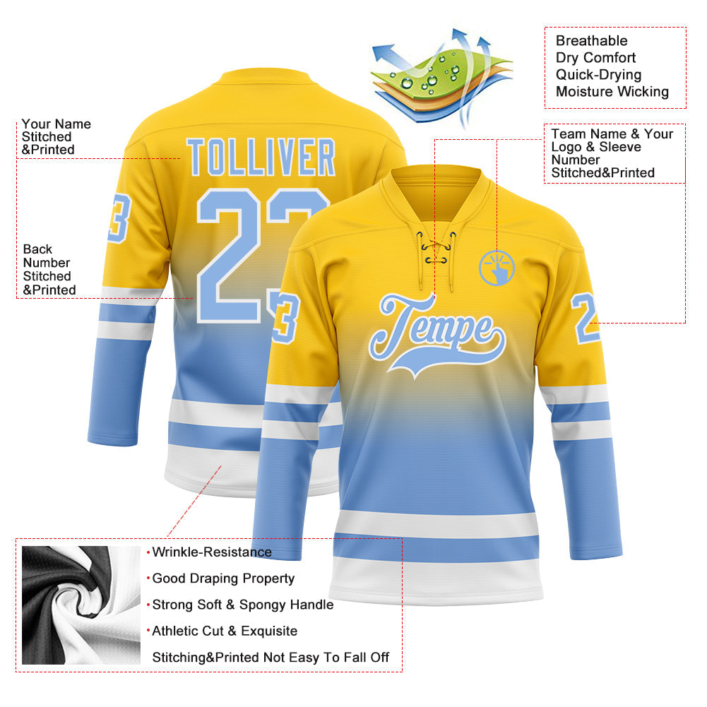 Custom Yellow Light Blue-White Fade Fashion Hockey Lace Neck Jersey view 5