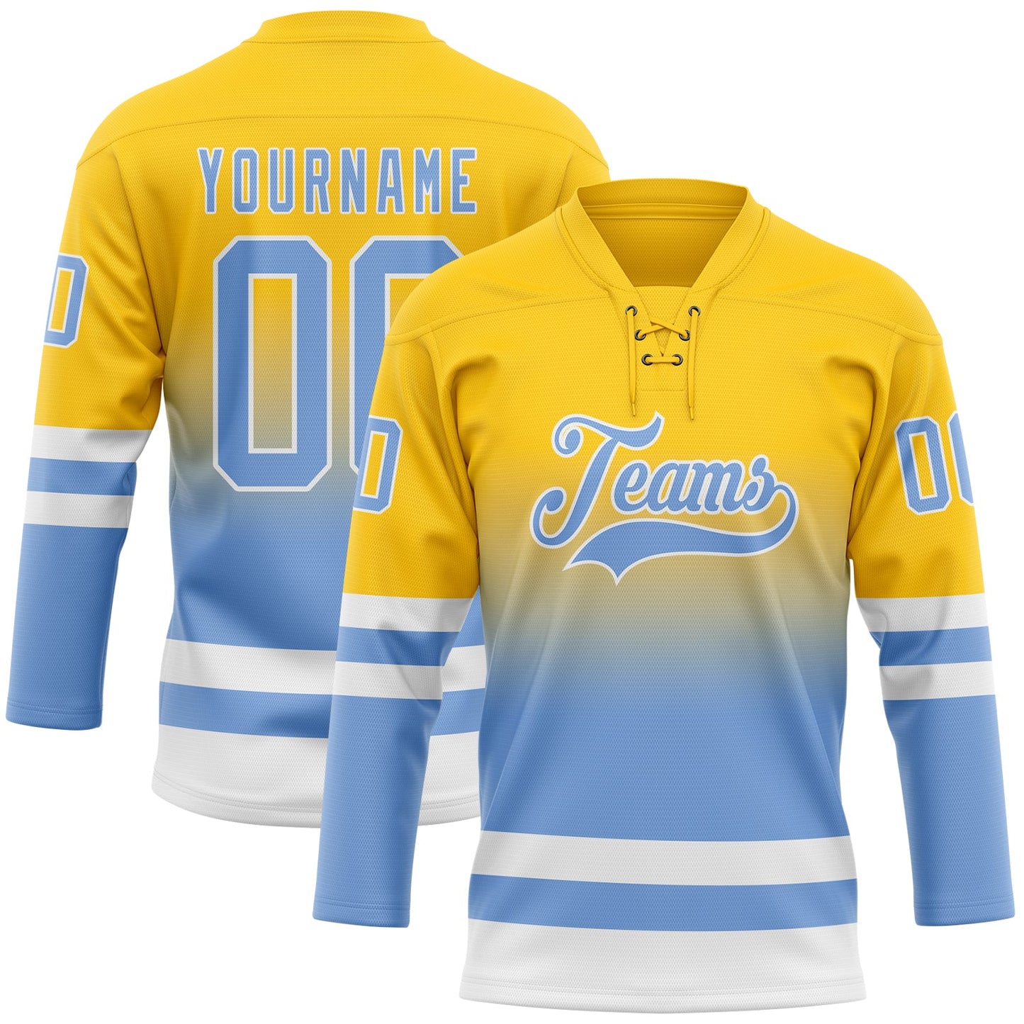 Custom Yellow Light Blue-White Fade Fashion Hockey Lace Neck Jersey - Main View