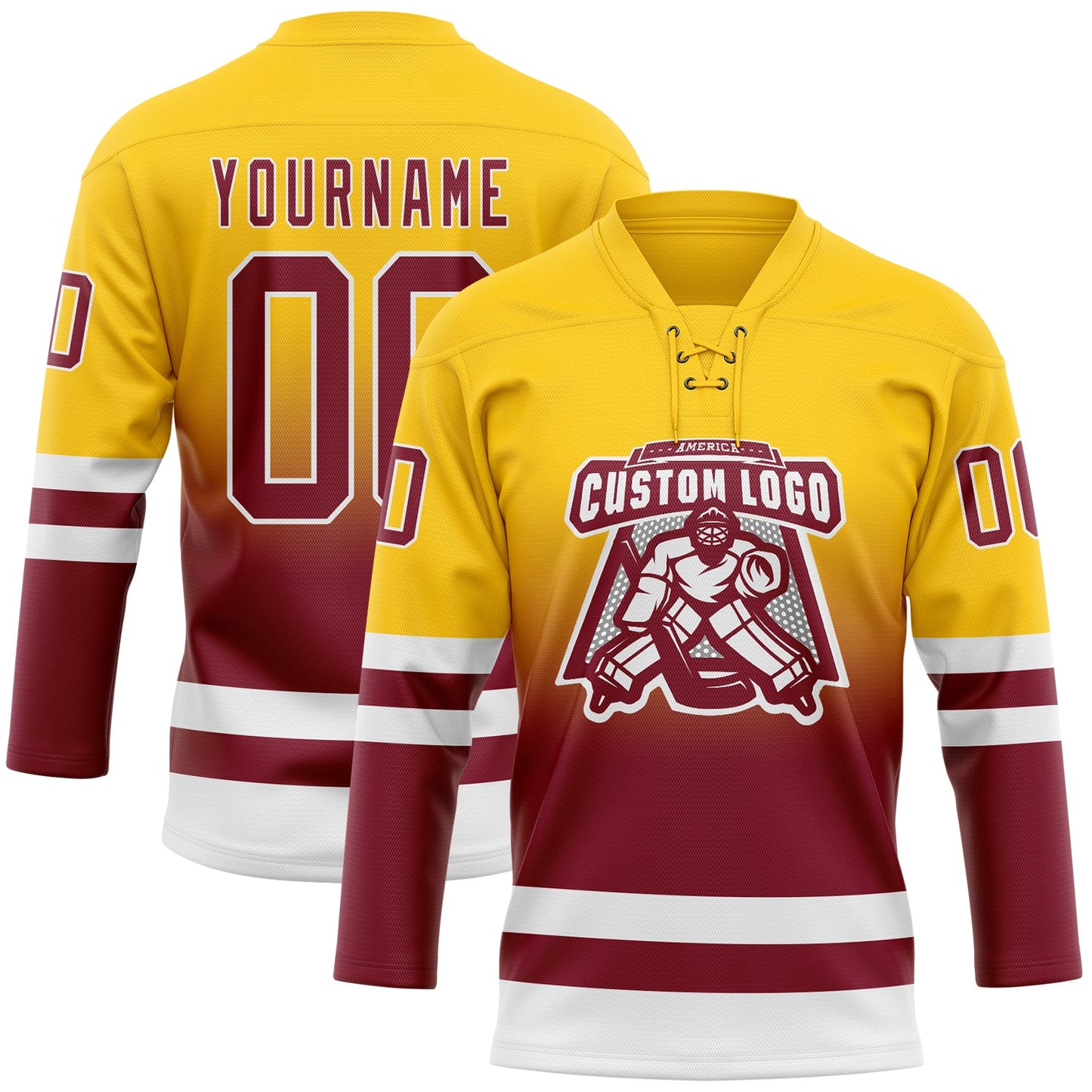 Custom Yellow Crimson-White Fade Fashion Hockey Lace Neck Jersey view 2