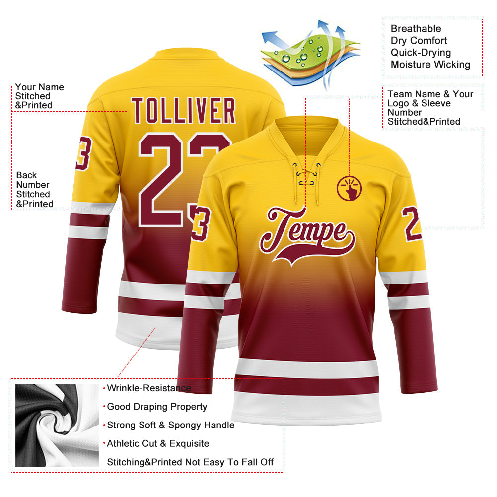 Custom Yellow Crimson-White Fade Fashion Hockey Lace Neck Jersey view 5