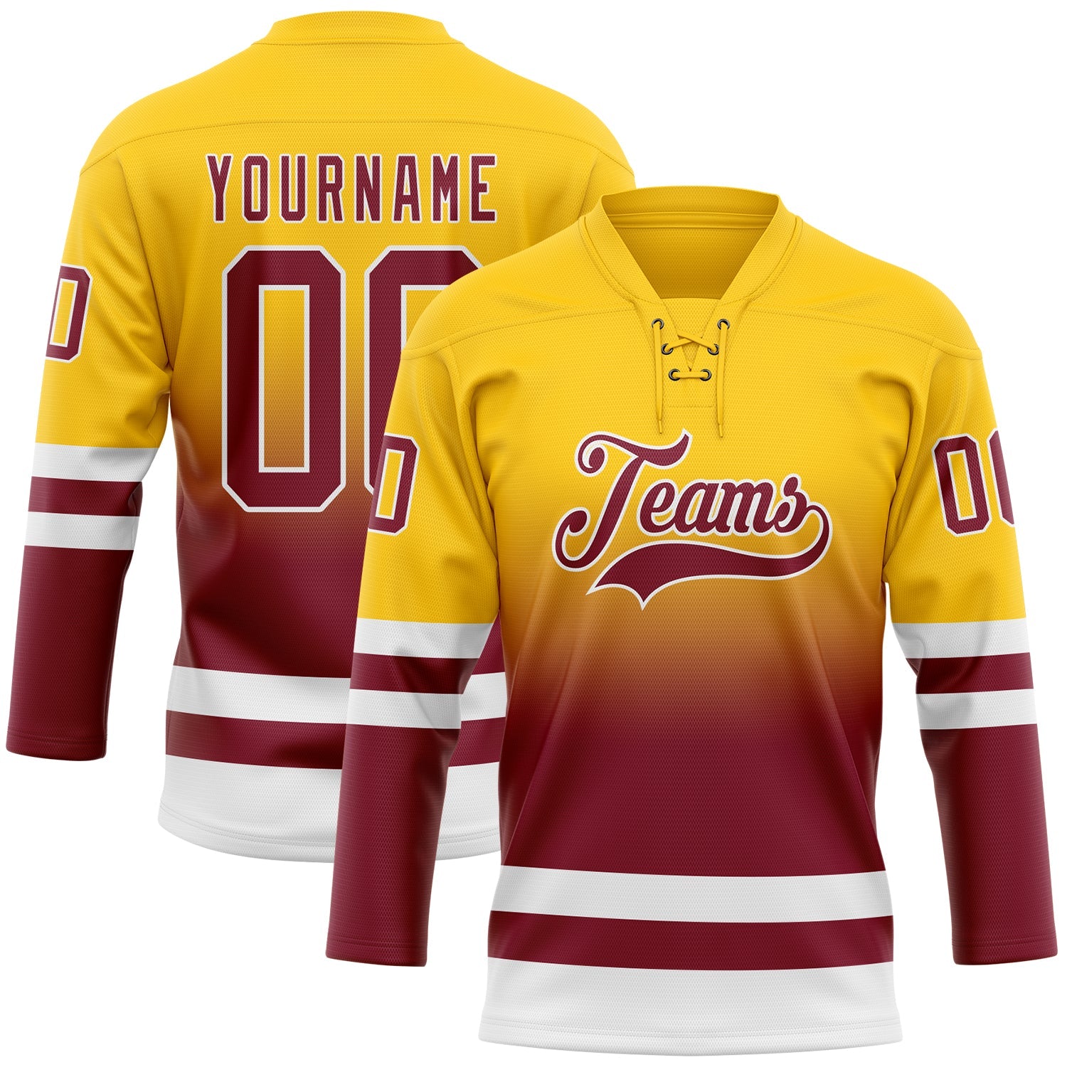 Custom Yellow Crimson-White Fade Fashion Hockey Lace Neck Jersey - Main View